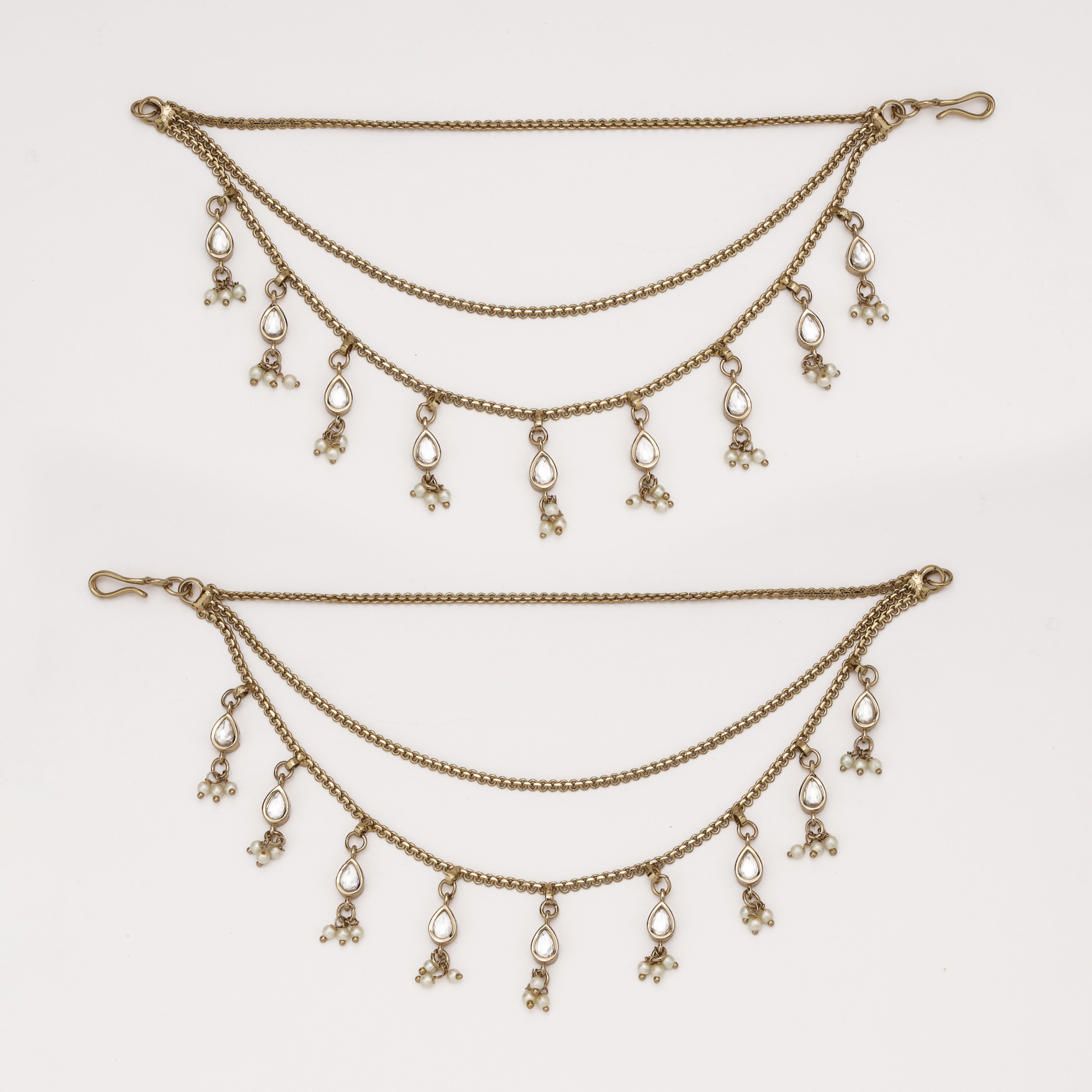 Pearl Drop Charm Ear Chain with layered chain and pearl tassels by US Catalog