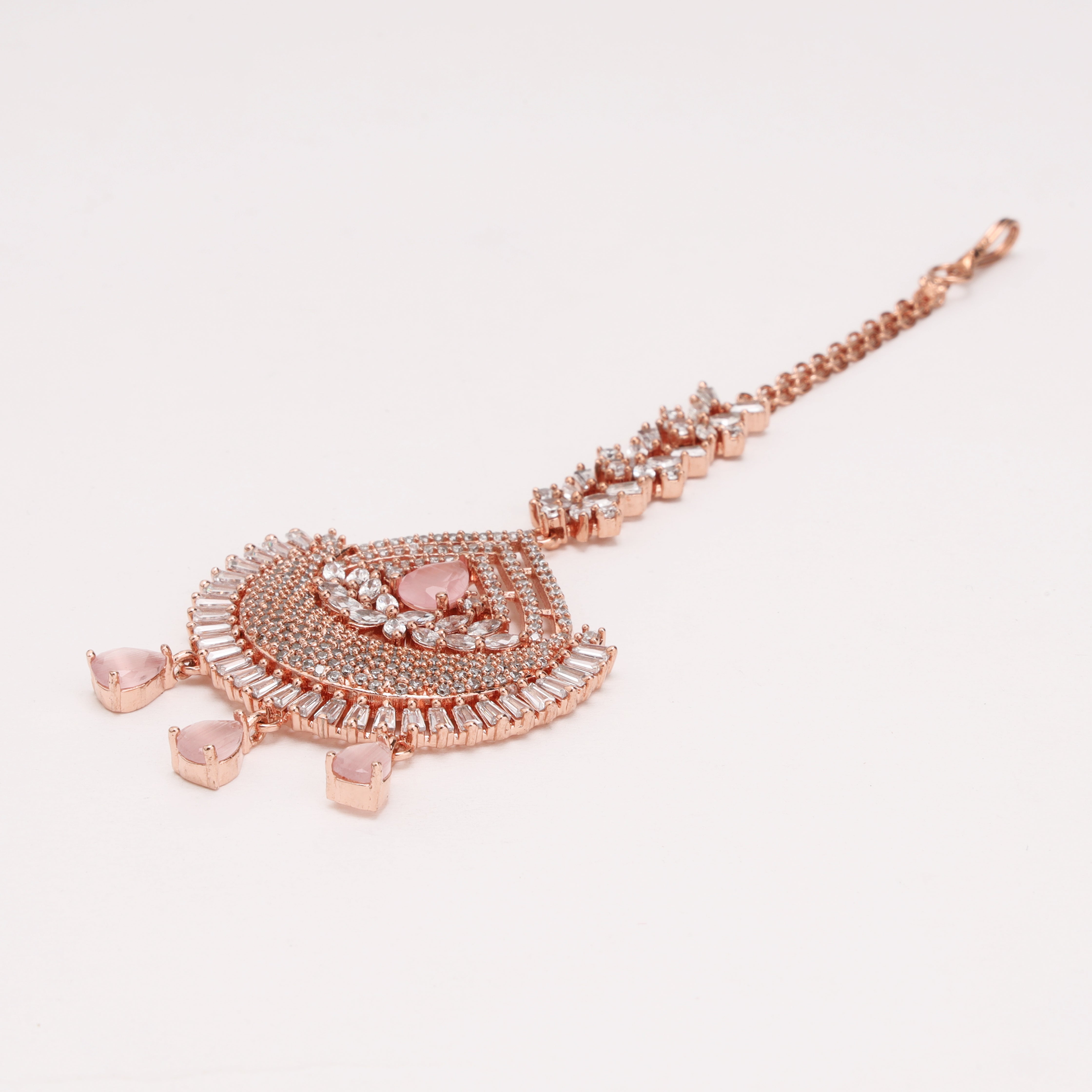 Rose Gold Peach Stone American Diamond Sunburst Chand Maang Tikka