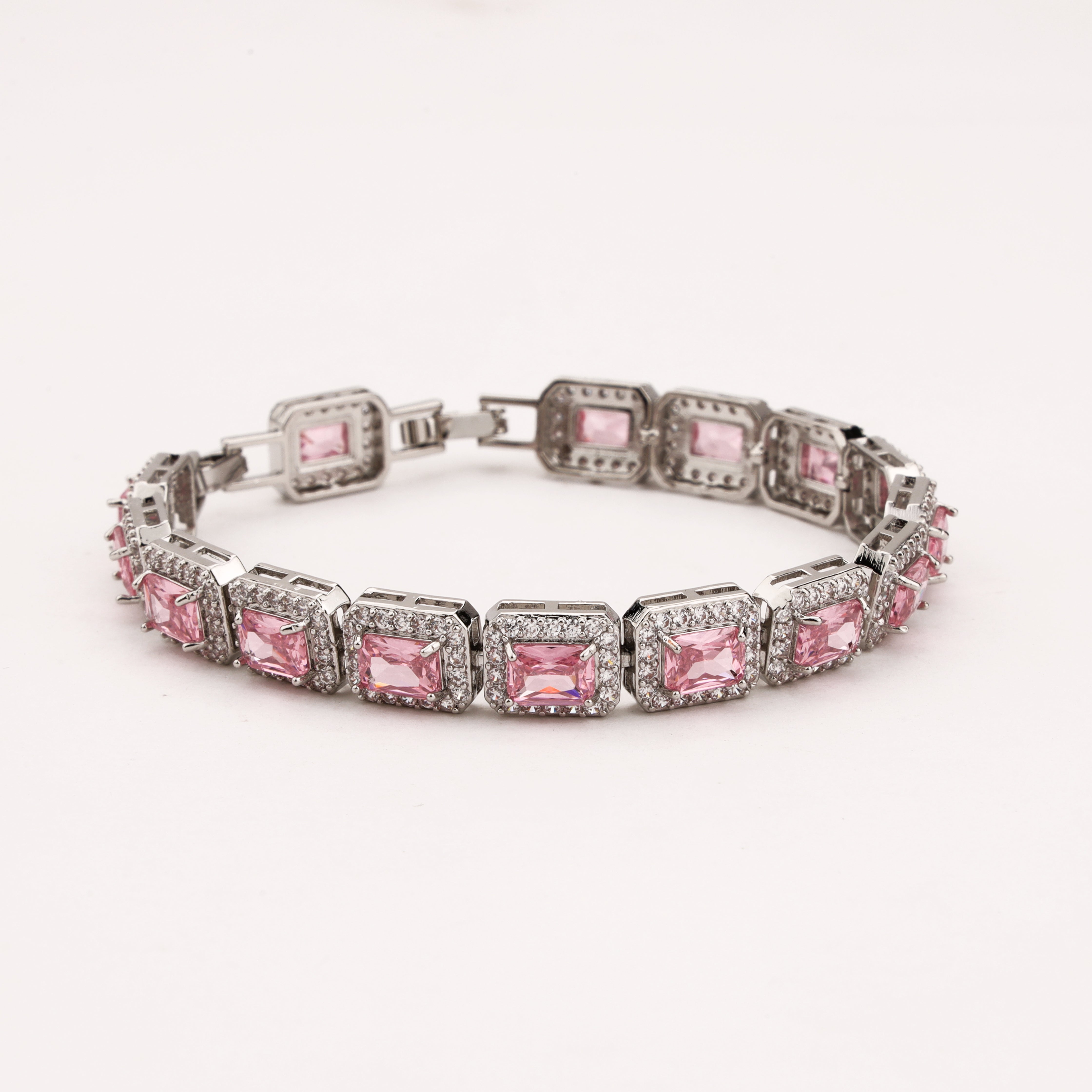 Marbella silver-tone bracelet with rectangular blush-pink crystals surrounded by sparkling clear halo accents