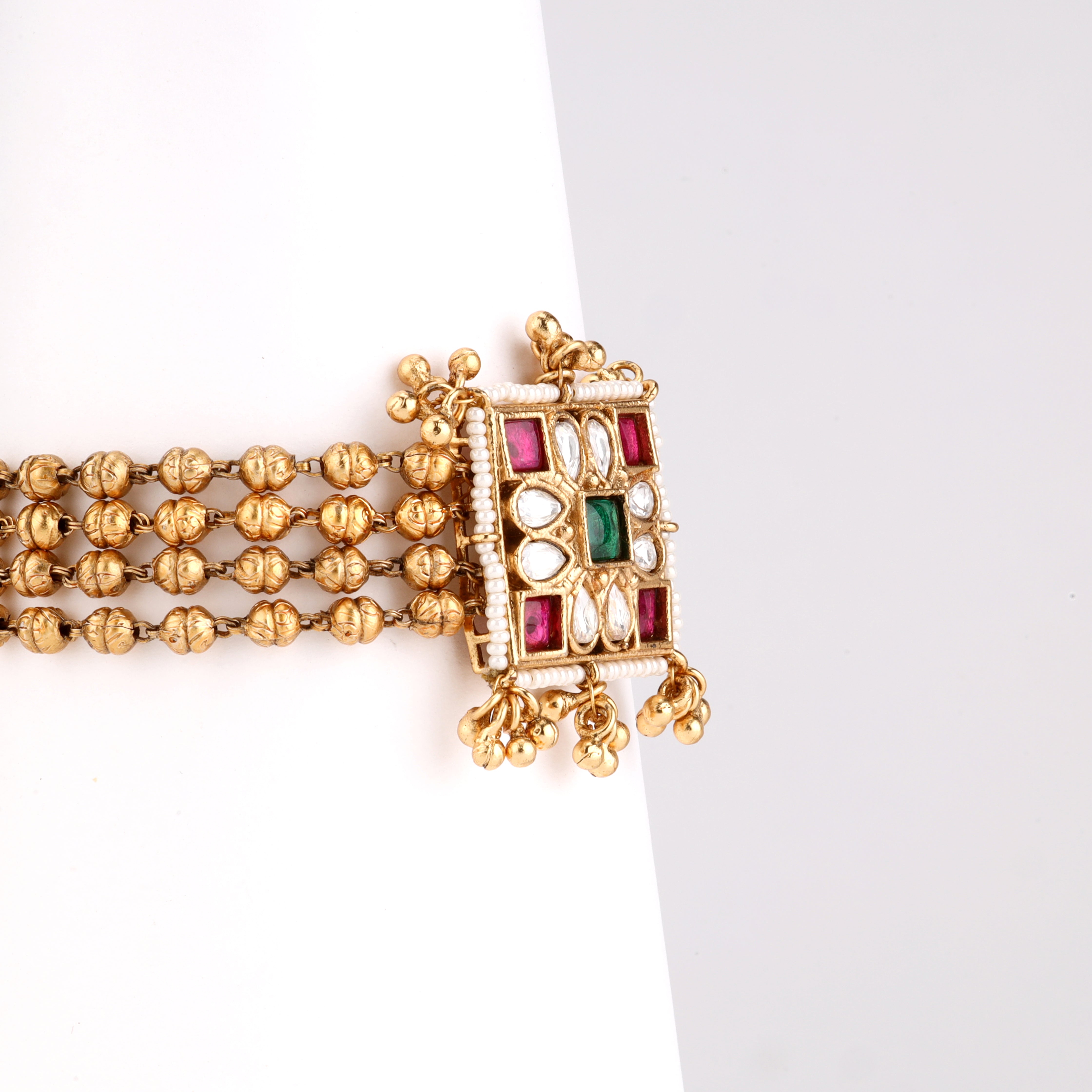 Antique Gold Kundan Navratna Square Medallion Beaded Traditional Bracelet