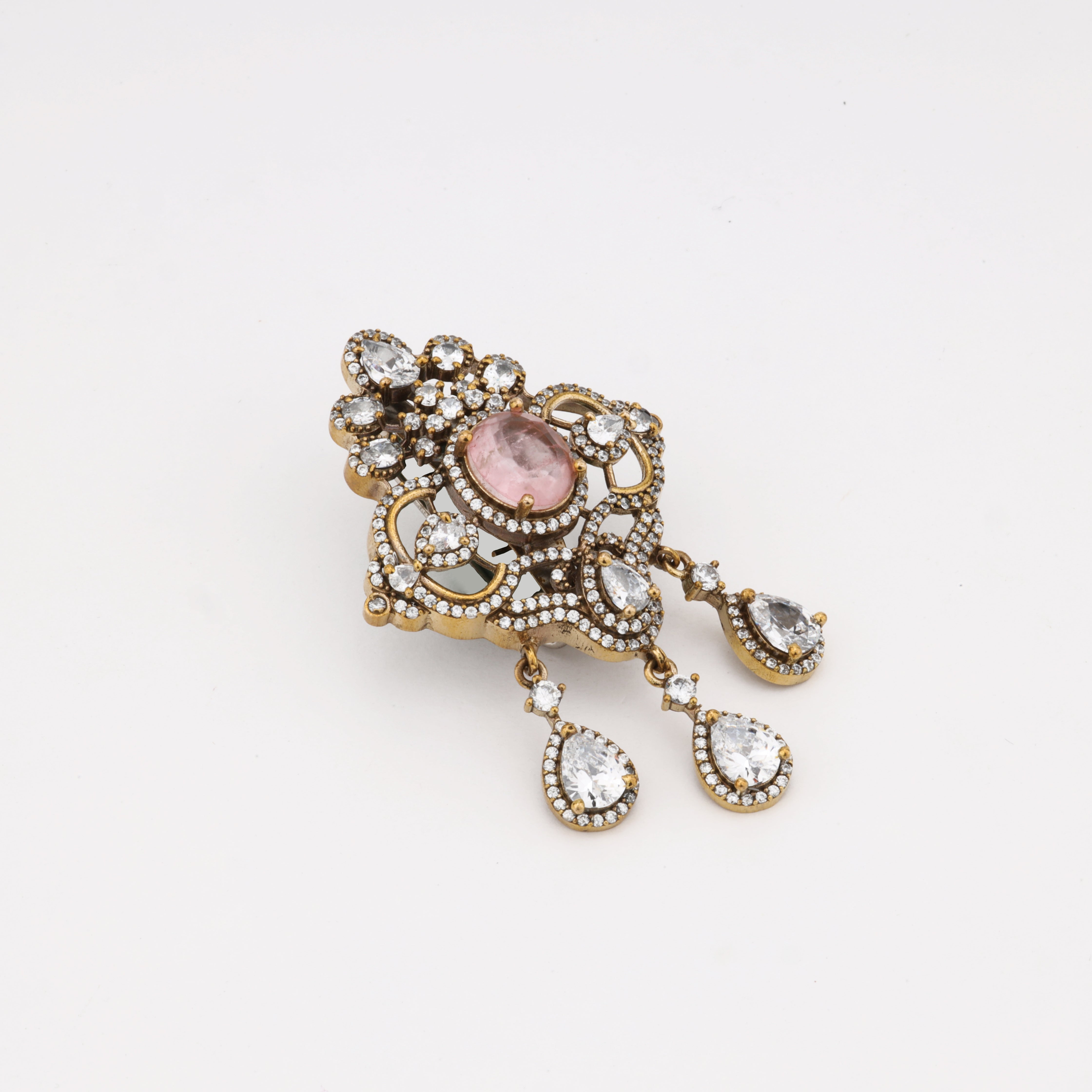 Vintage Pink Crystal Statement Brooch with Drop Charms