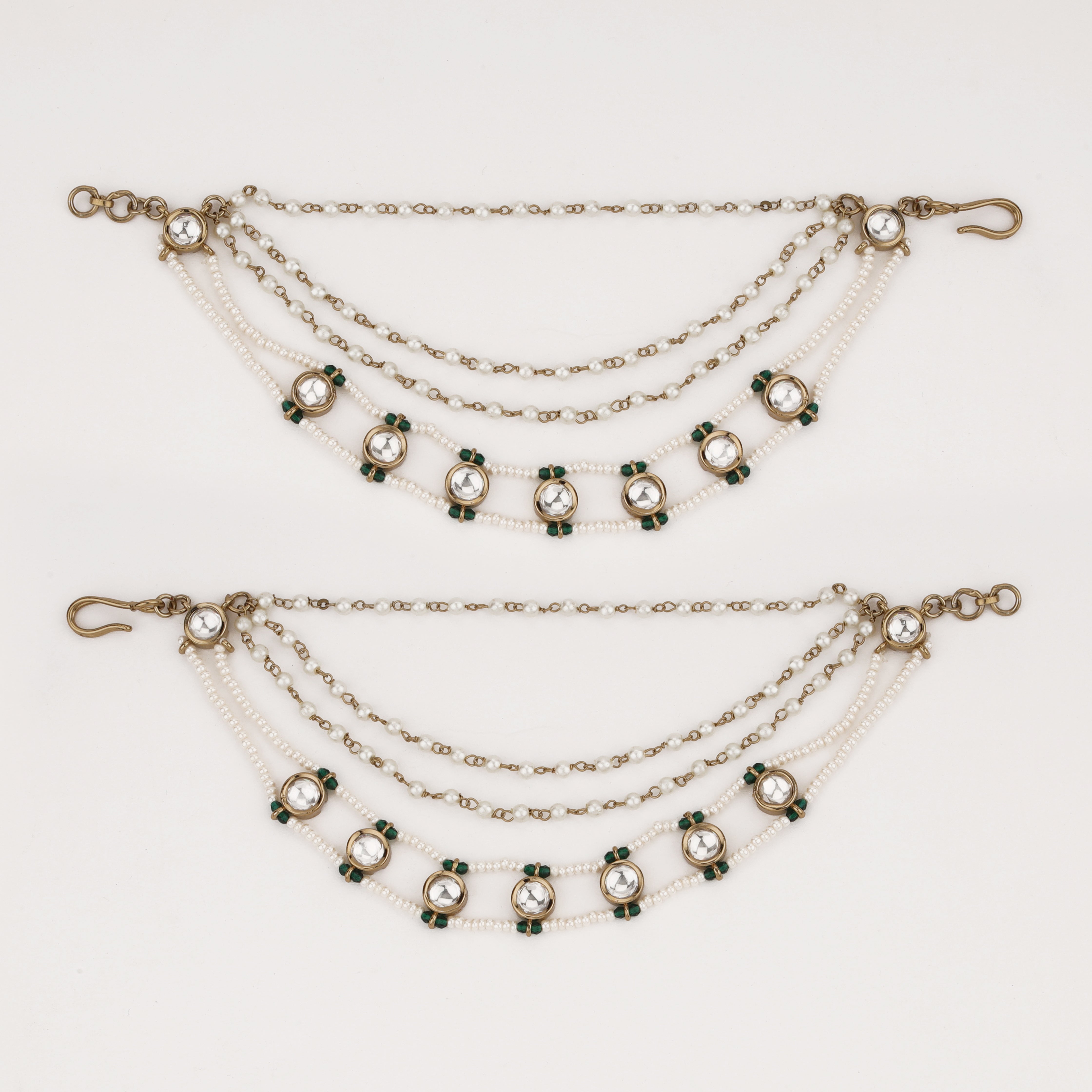 Emerald Pearl Layered Ear Chain with crystal motifs and layered pearl strands by US Catalog