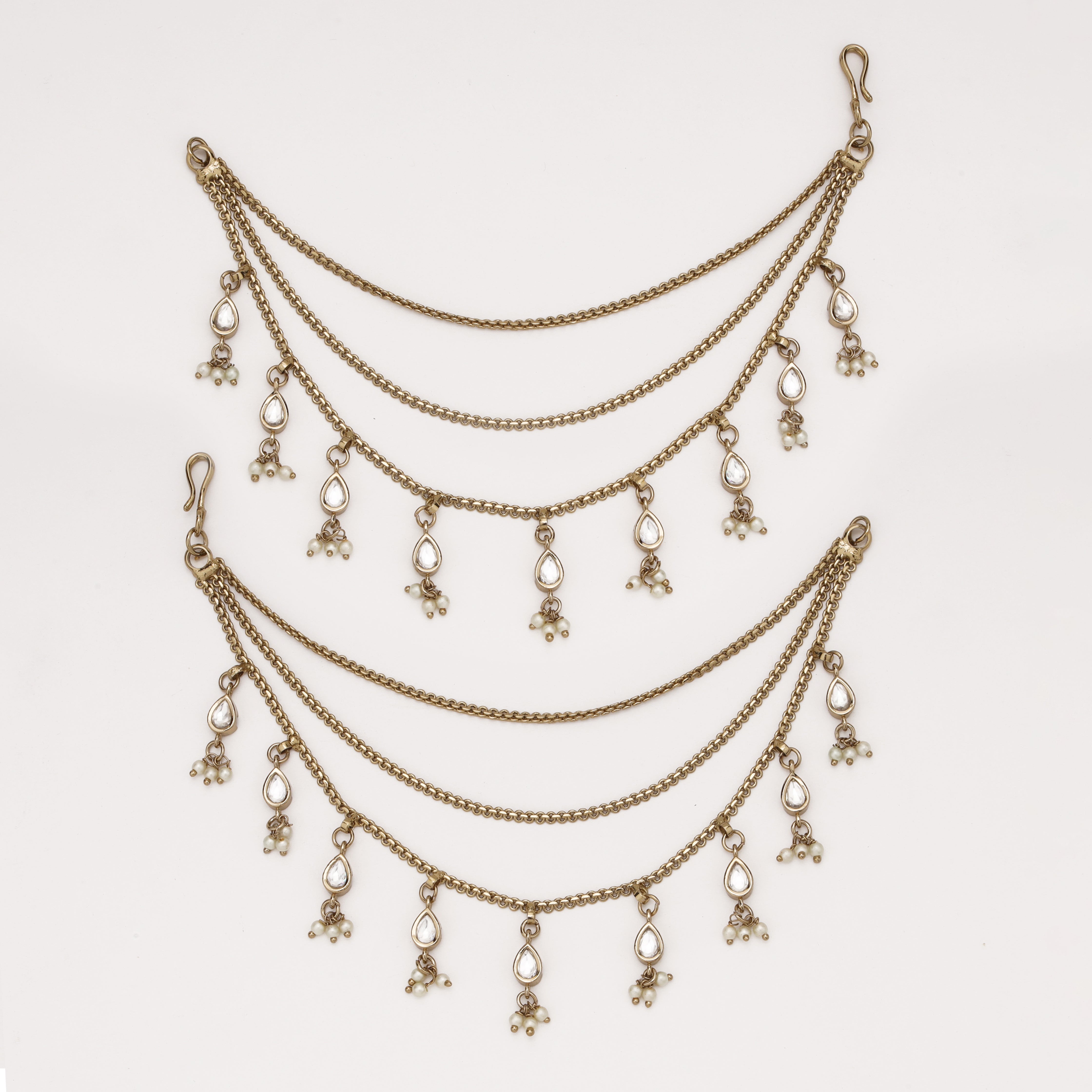 Pearl Drop Charm Ear Chain with layered chain and pearl tassels by US Catalog