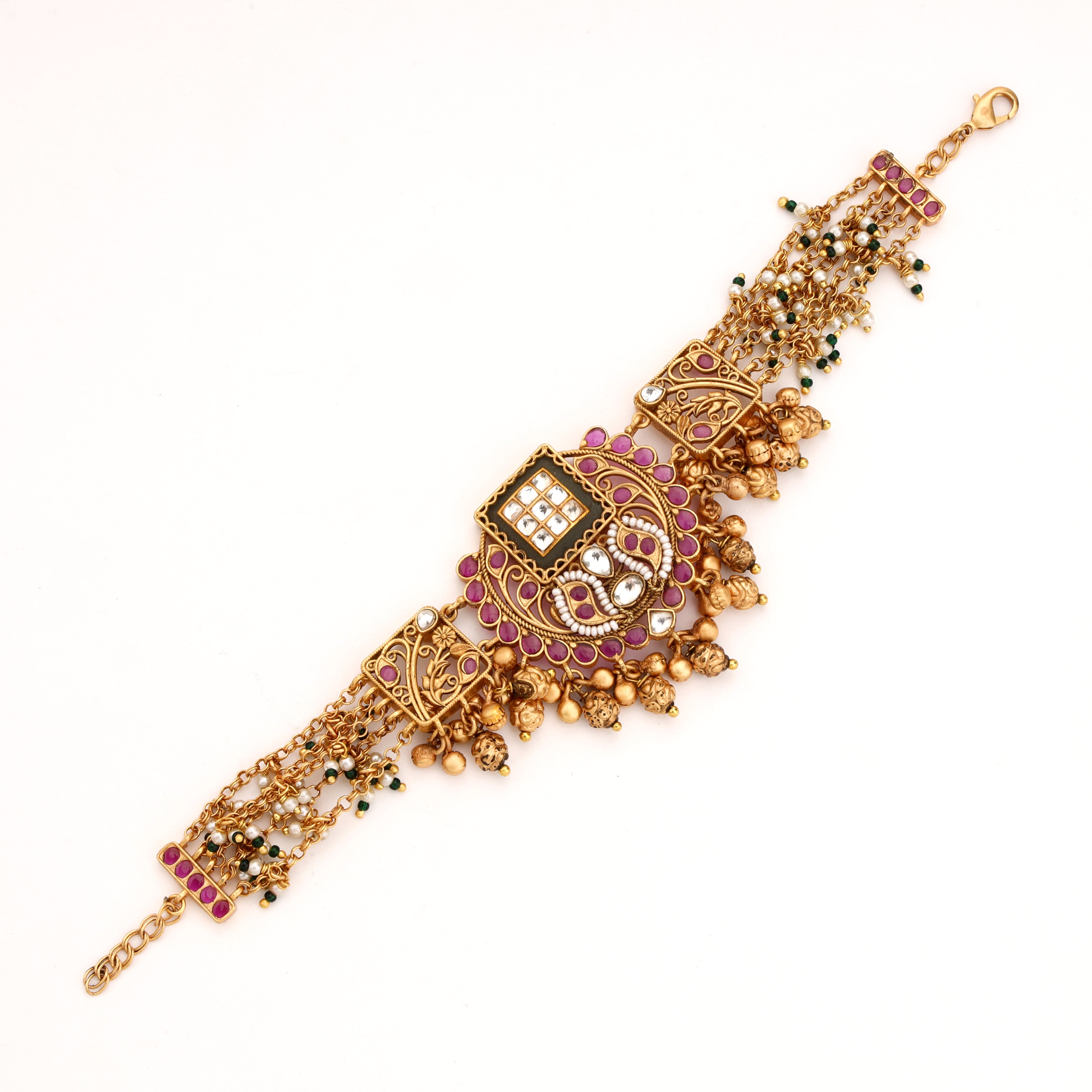 Antique Gold Jadau Kundan Multi-Strand Ghungroo Choker Bracelet