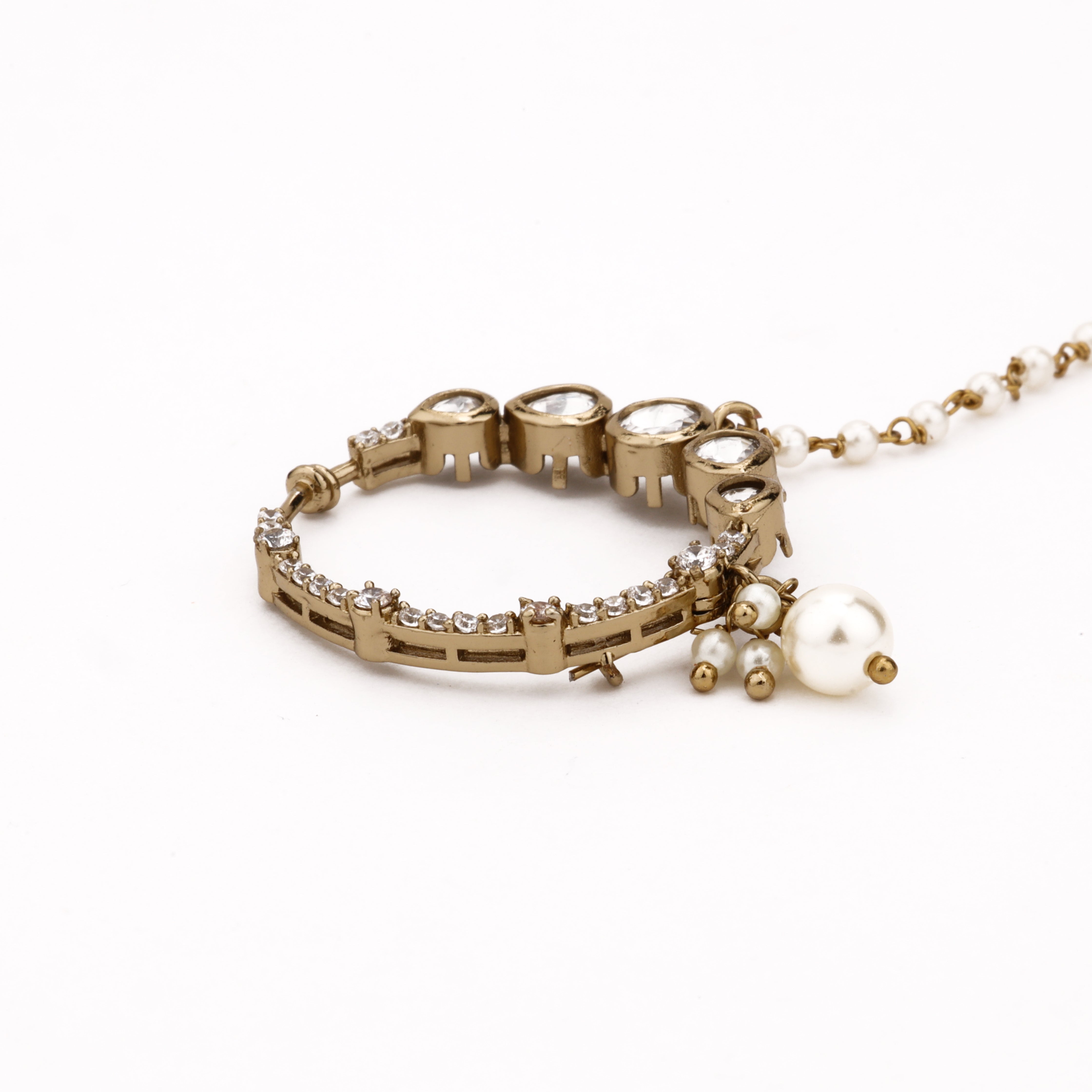 Antique gold Aurelia polki pearl nath with white stones, pearl drop and attached beaded chain from US Catalog