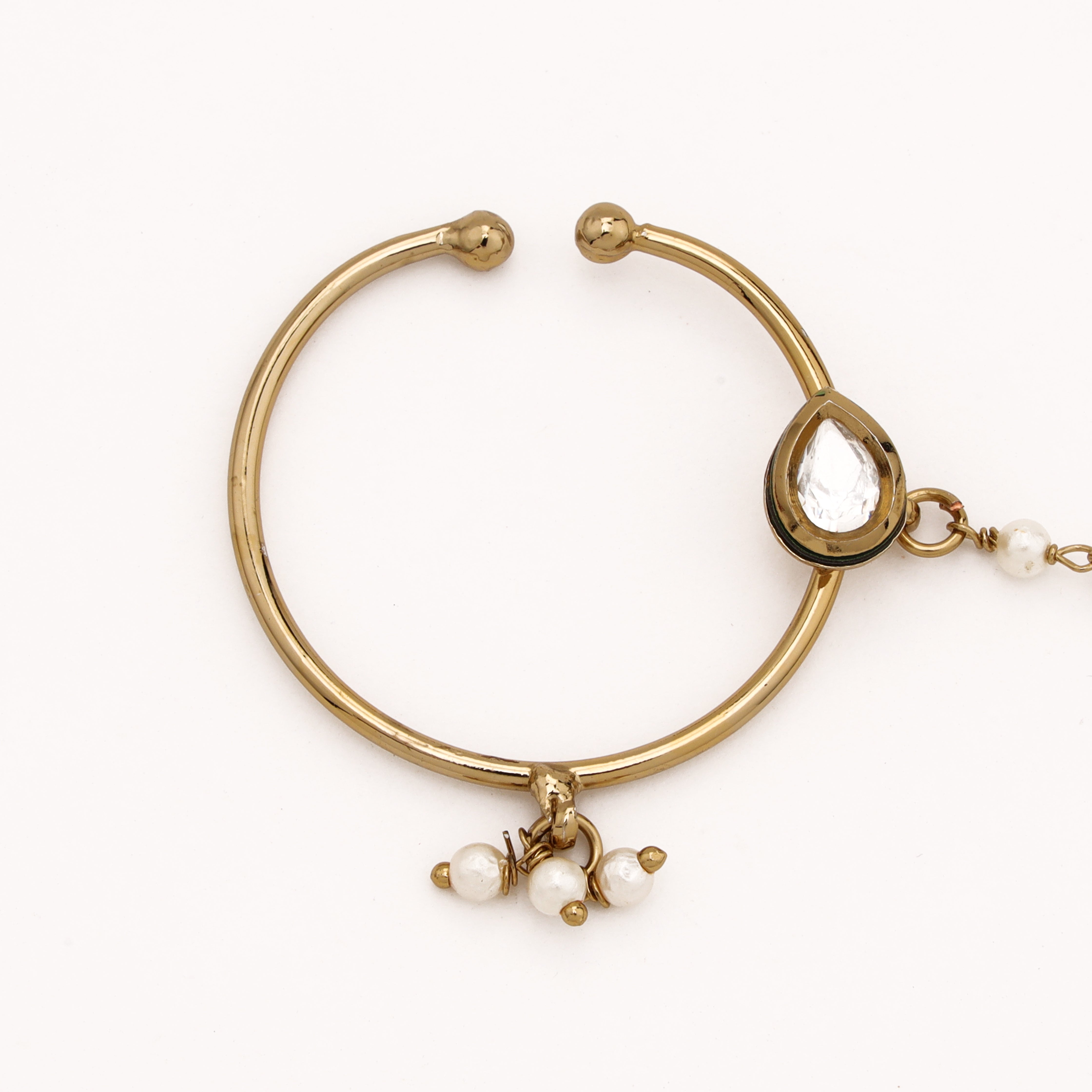 Antique gold Naira teardrop pearl nath with large hoop, white stone accent and attached beaded chain from US Catalog
