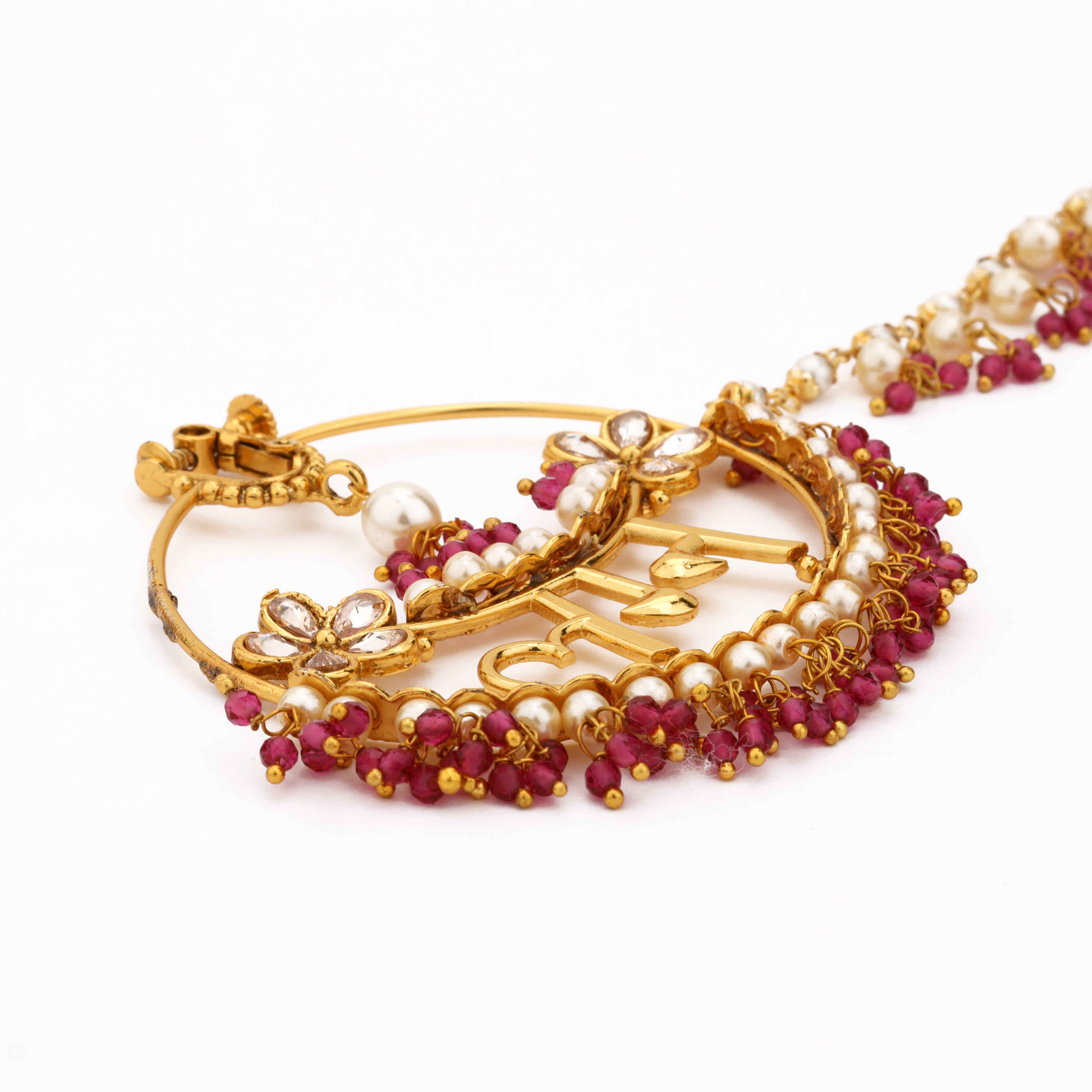 Gold Rani Script floral bridal nath with white stones, ruby-red beads, pearl fringe and embellished chain from US Catalog