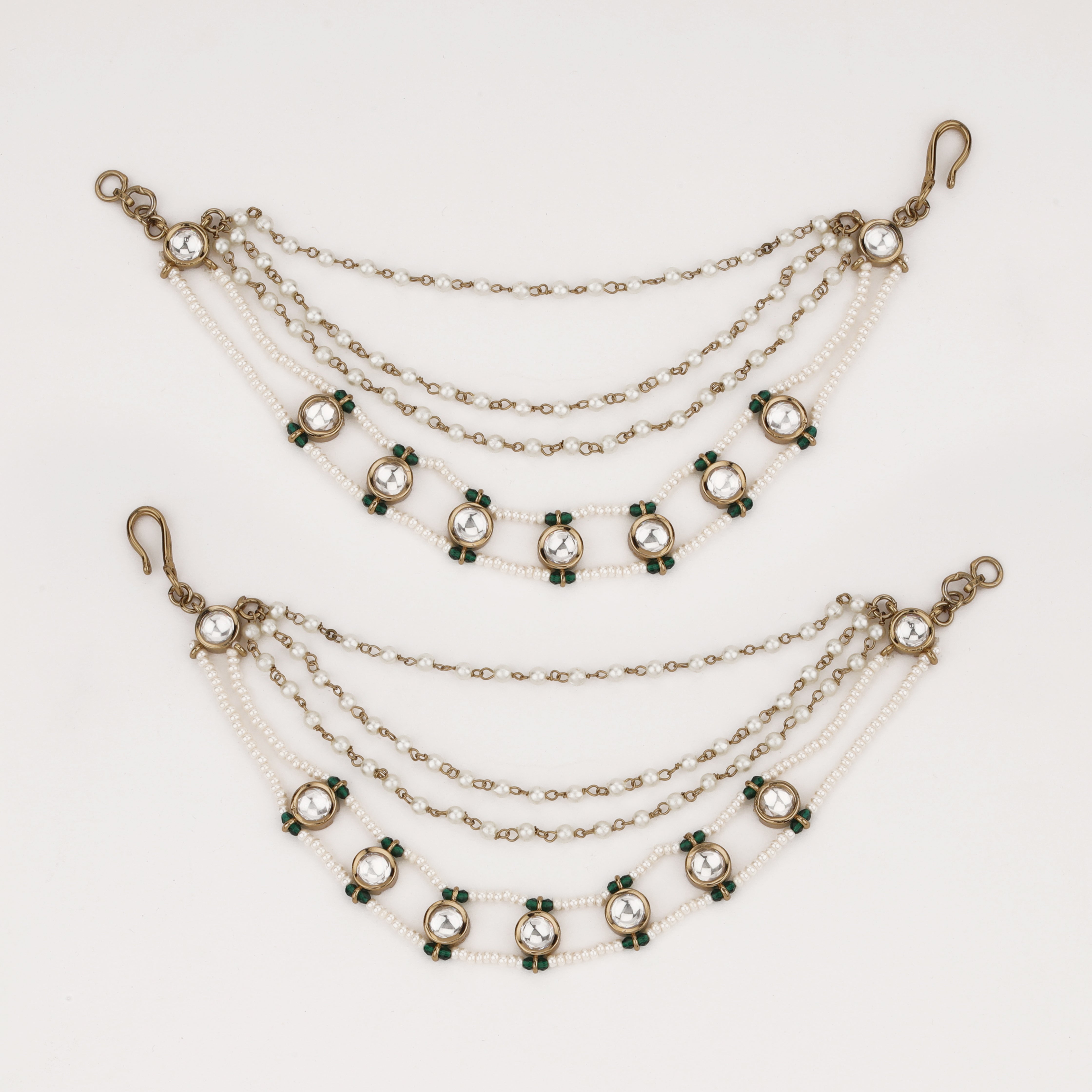 Emerald Pearl Layered Ear Chain with crystal motifs and layered pearl strands by US Catalog
