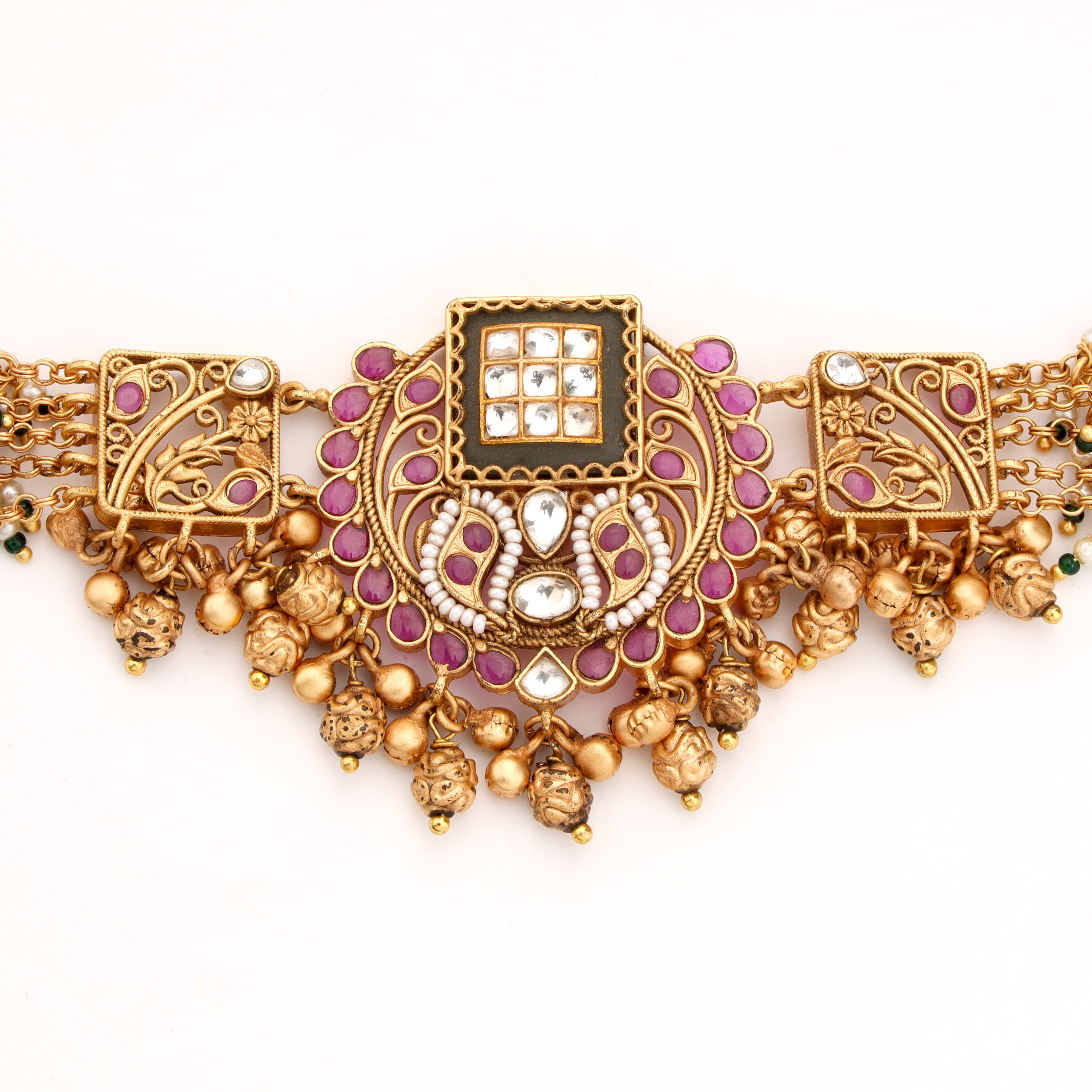 Antique Gold Jadau Kundan Multi-Strand Ghungroo Choker Bracelet