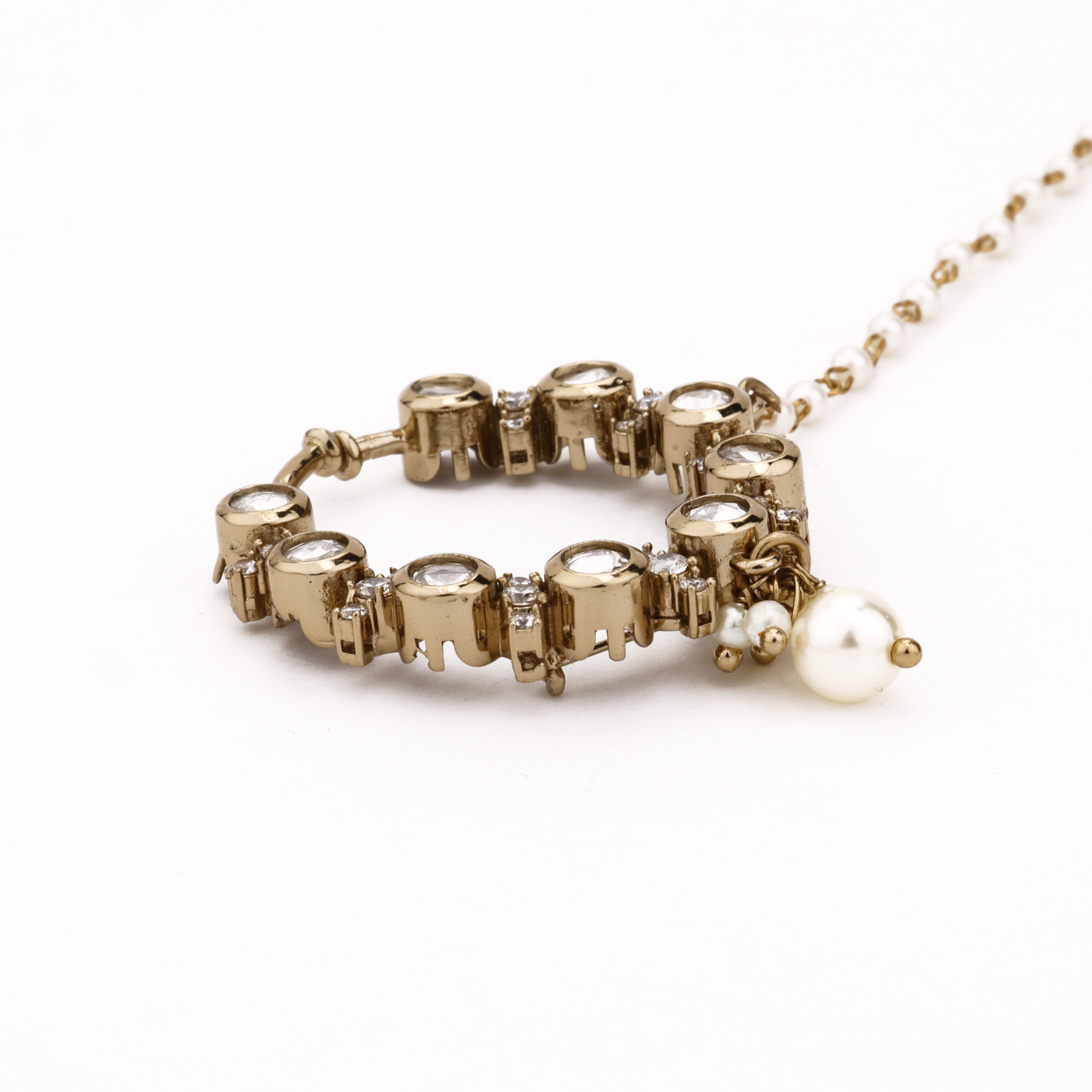 Antique gold Zivara halo polki pearl nath with round white stones, pearl drop and attached beaded chain from US Catalog