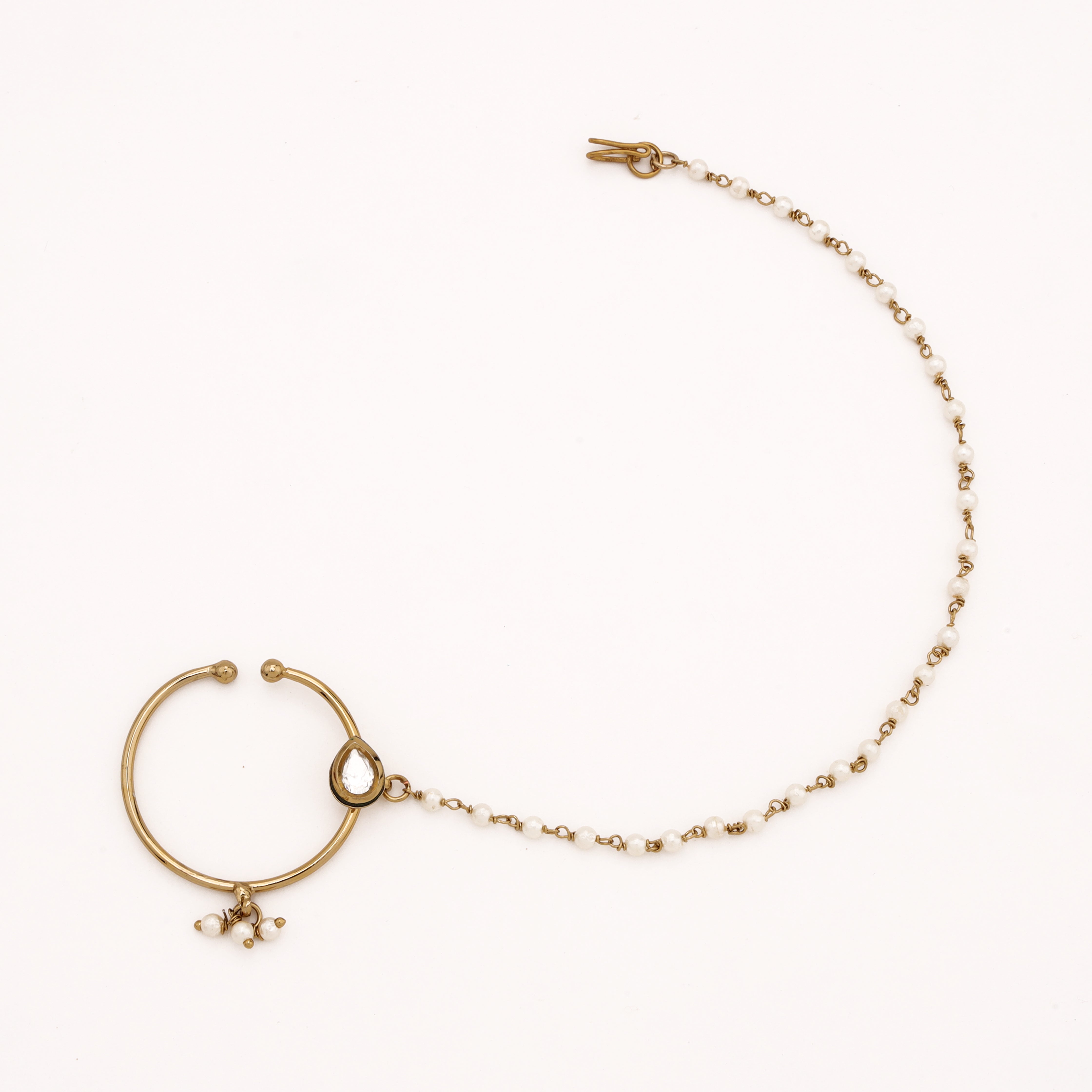 Antique gold Naira teardrop pearl nath with large hoop, white stone accent and attached beaded chain from US Catalog