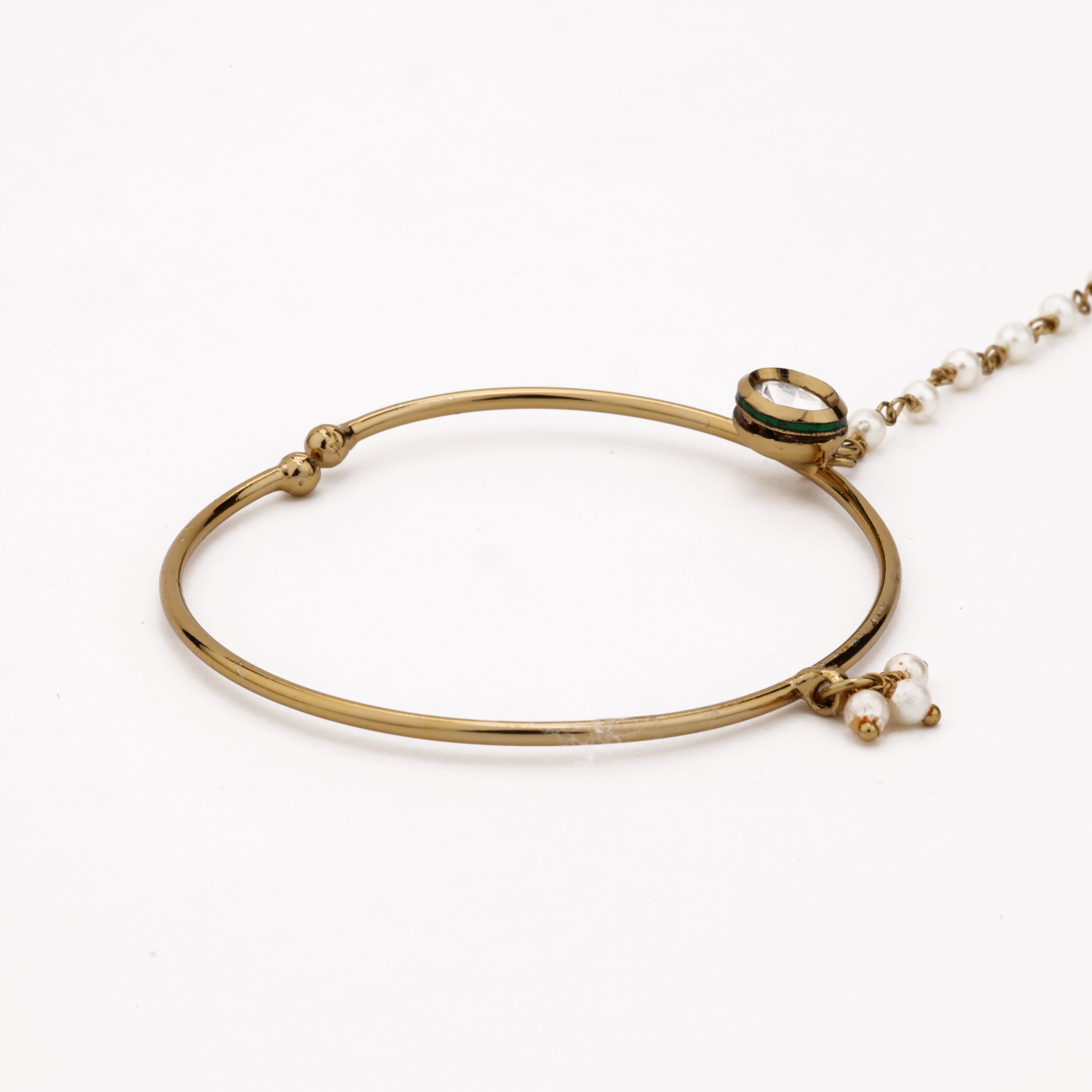 Antique gold Avira oval polki pearl nath with large hoop, white stone, pearl drop and attached beaded chain from US Catalog