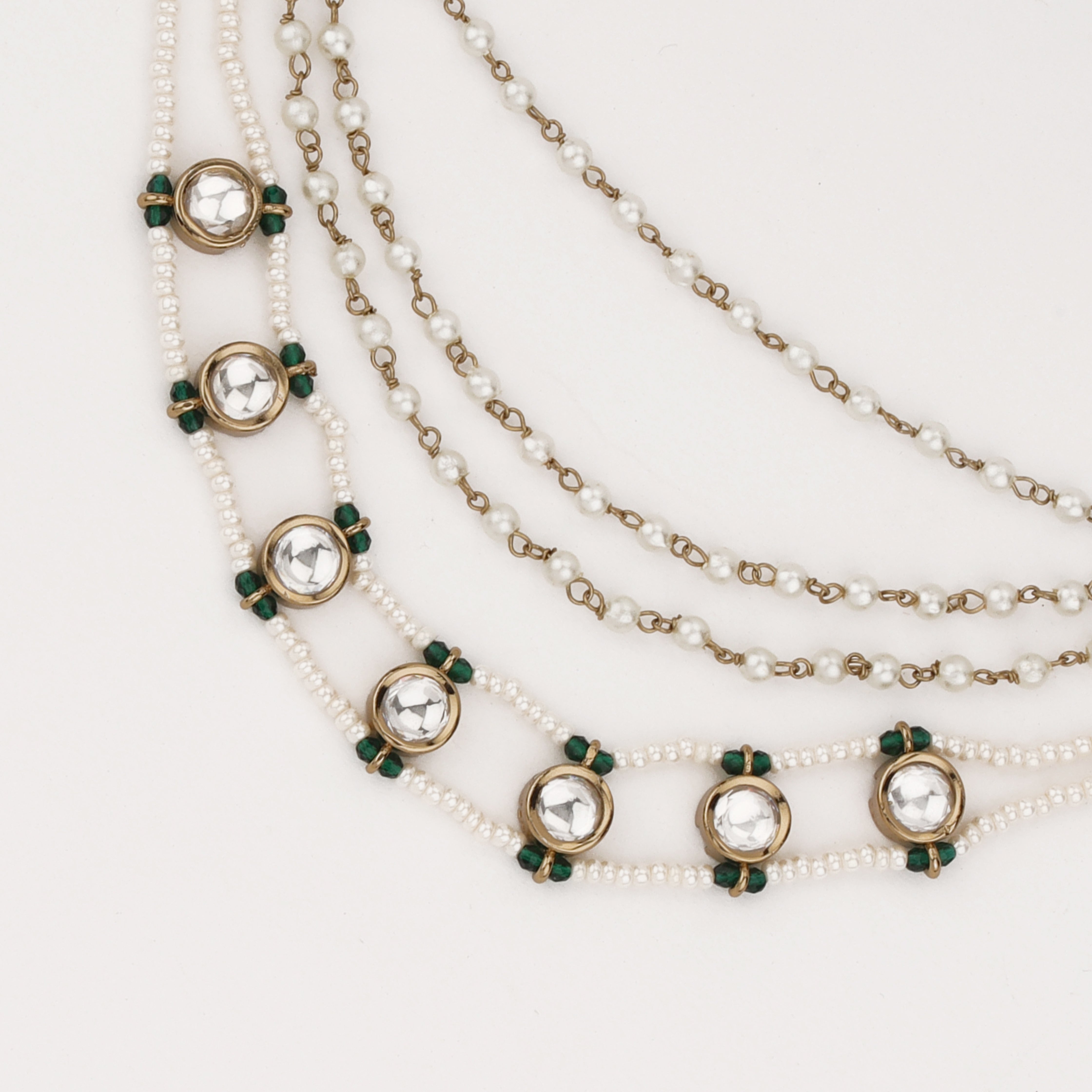 Emerald Pearl Layered Ear Chain with crystal motifs and layered pearl strands by US Catalog