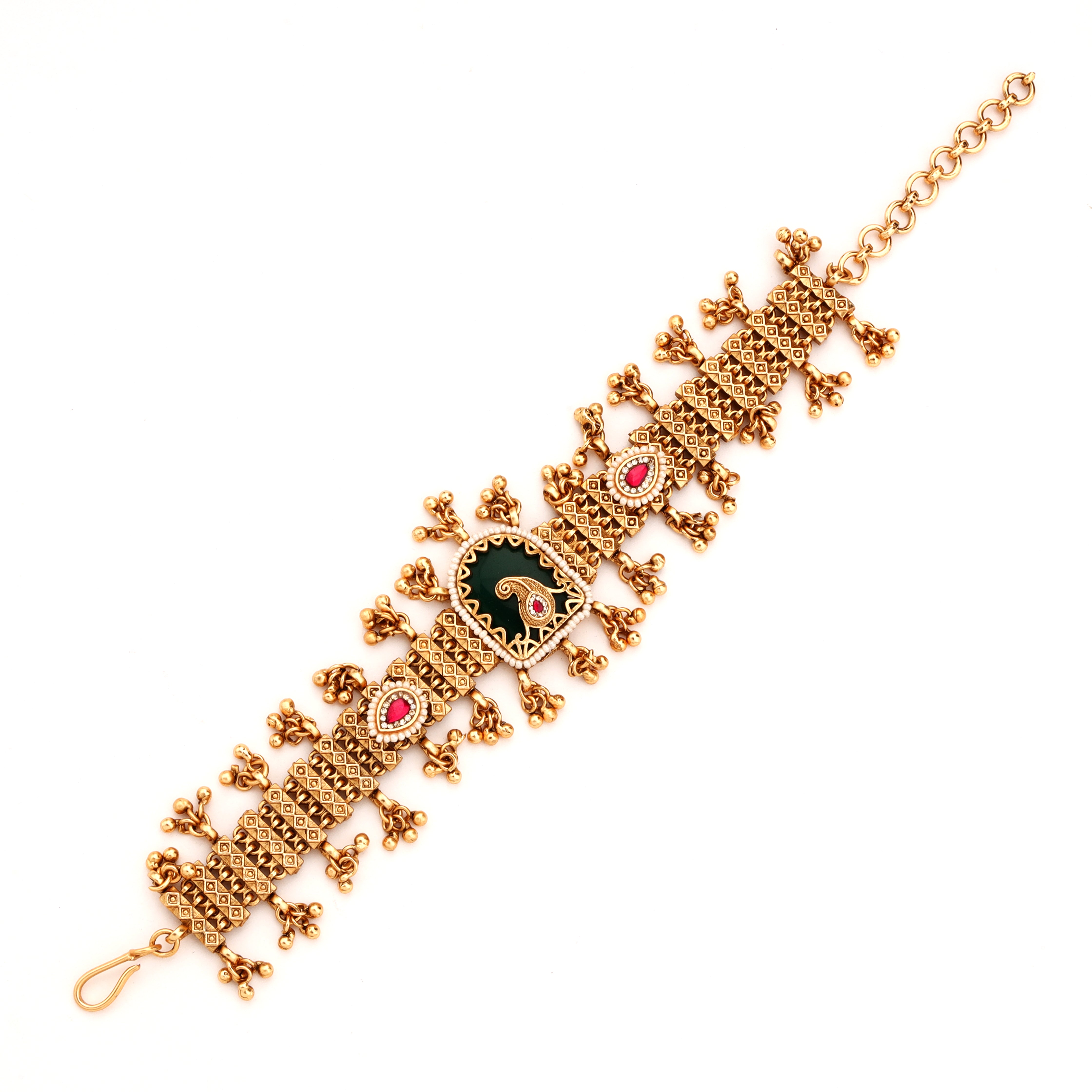 Antique Gold Paisley Jharokha Enamel Ghungroo Traditional Bracelet
