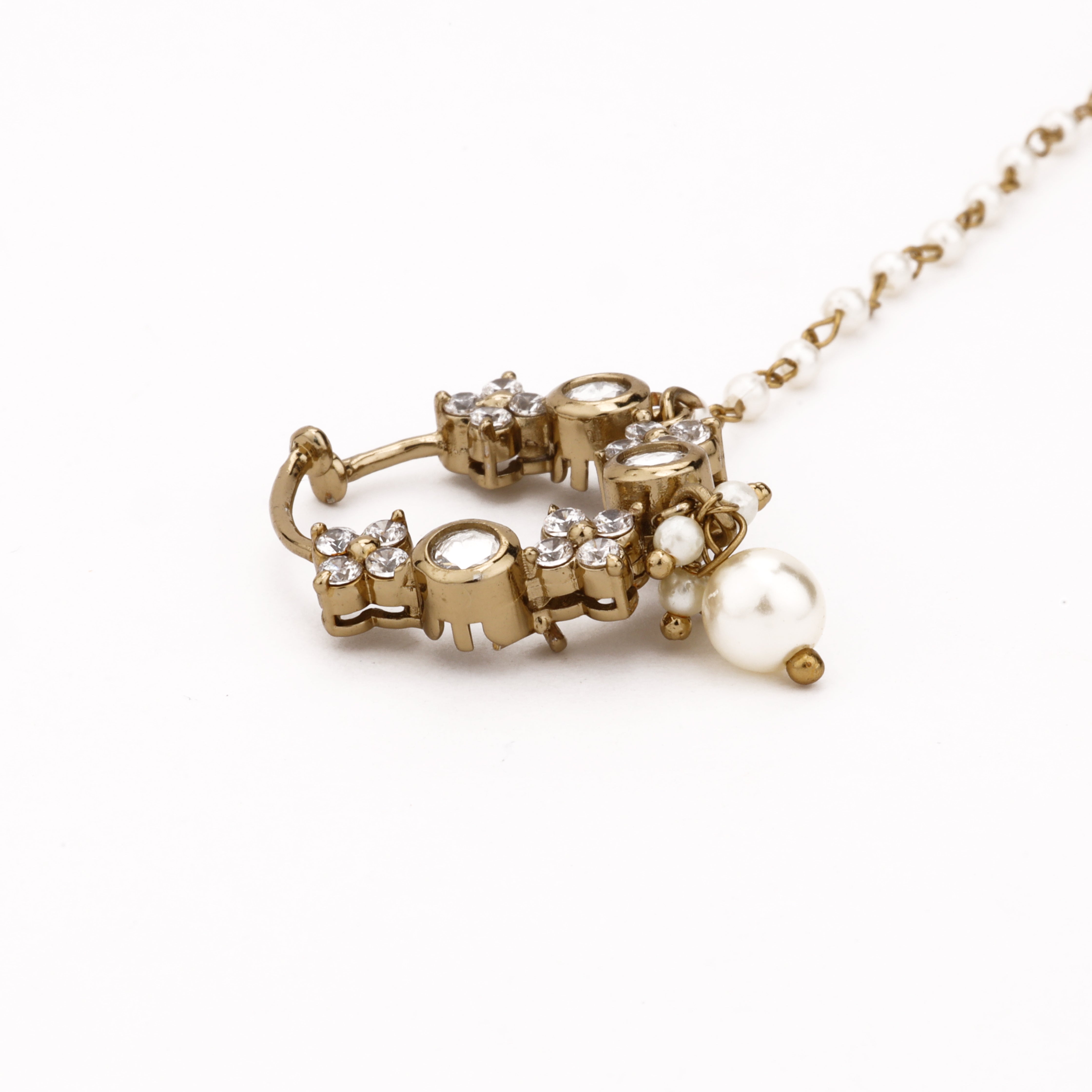 Antique gold Meher floral polki pearl nath with white stones, crystal flower accents and attached beaded chain from US Catalog