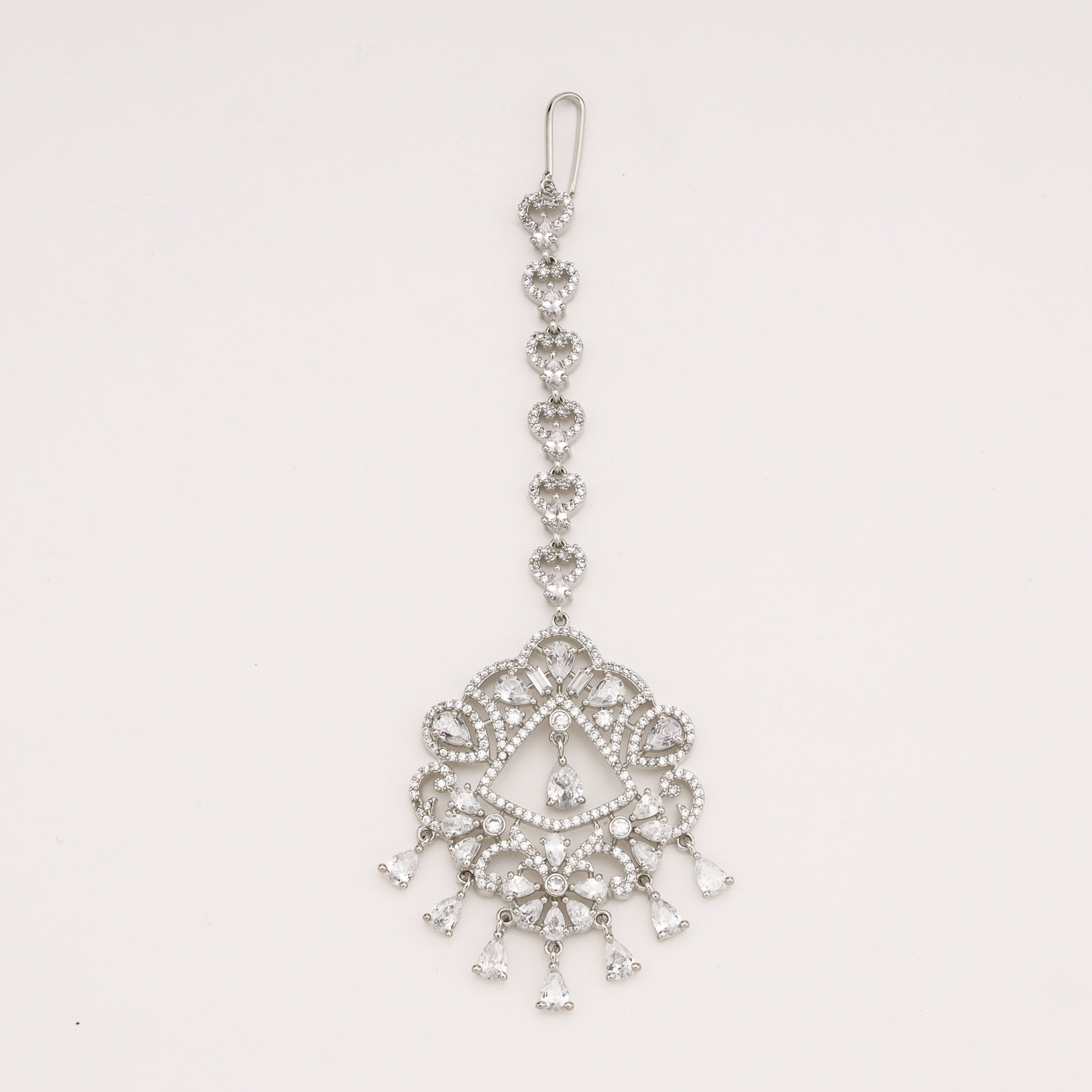Silver Heart Chain American Diamond Floral Chandelier Maang Tikka