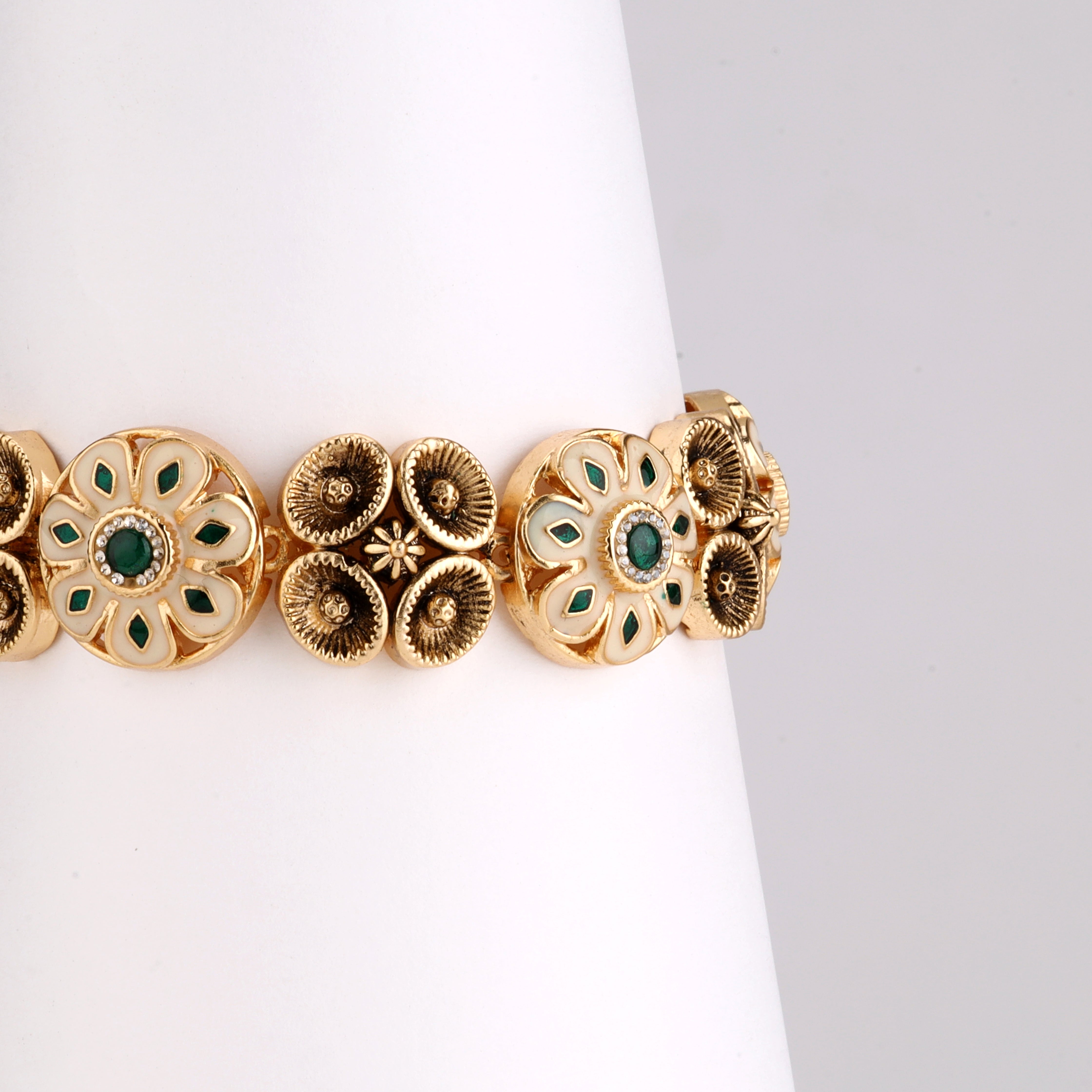 Antique Gold Floral Enamel Stone Articulated Hinged Traditional Bracelet