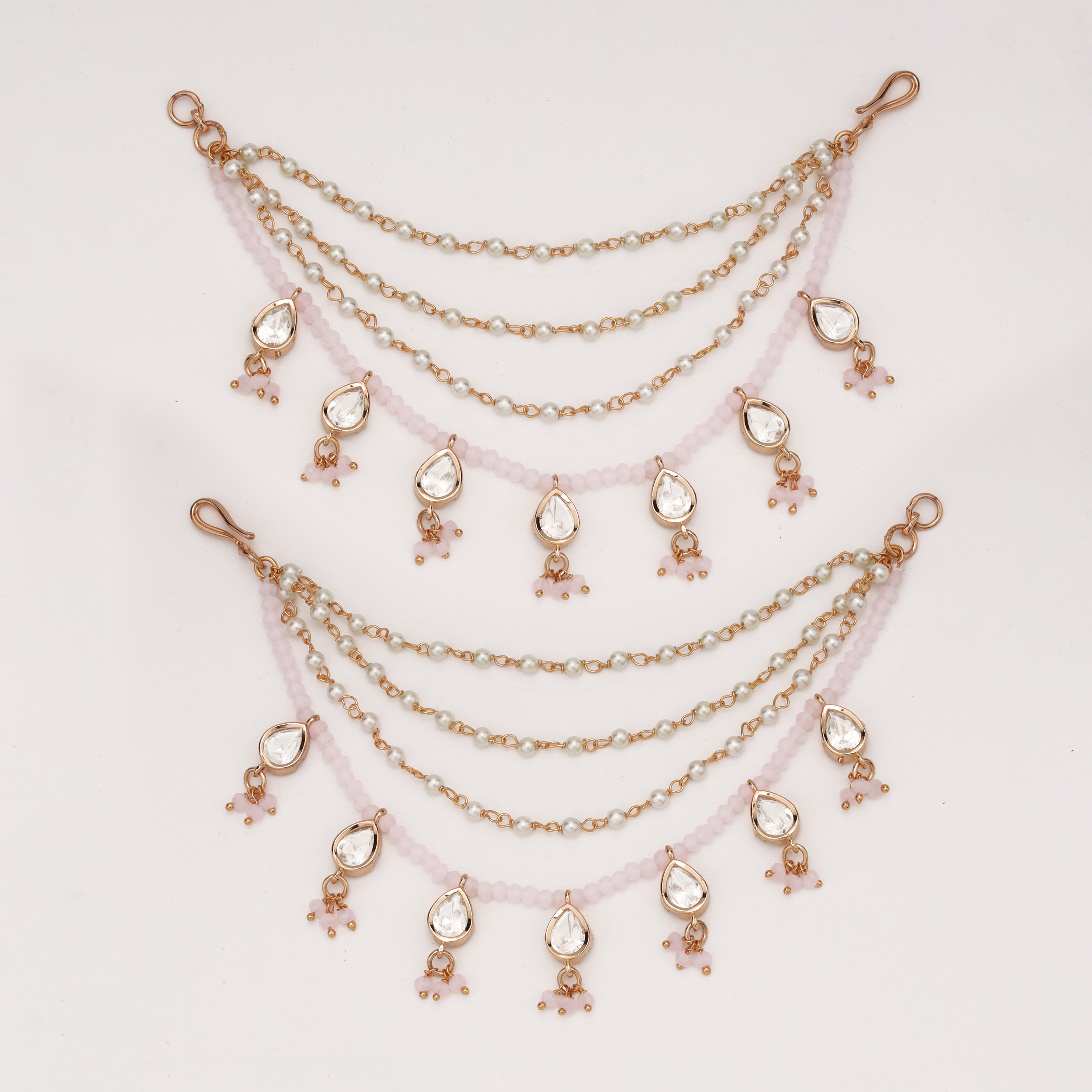 Blush Pearl Crystal Ear Chain with pearl layers and crystal drop charms by US Catalog