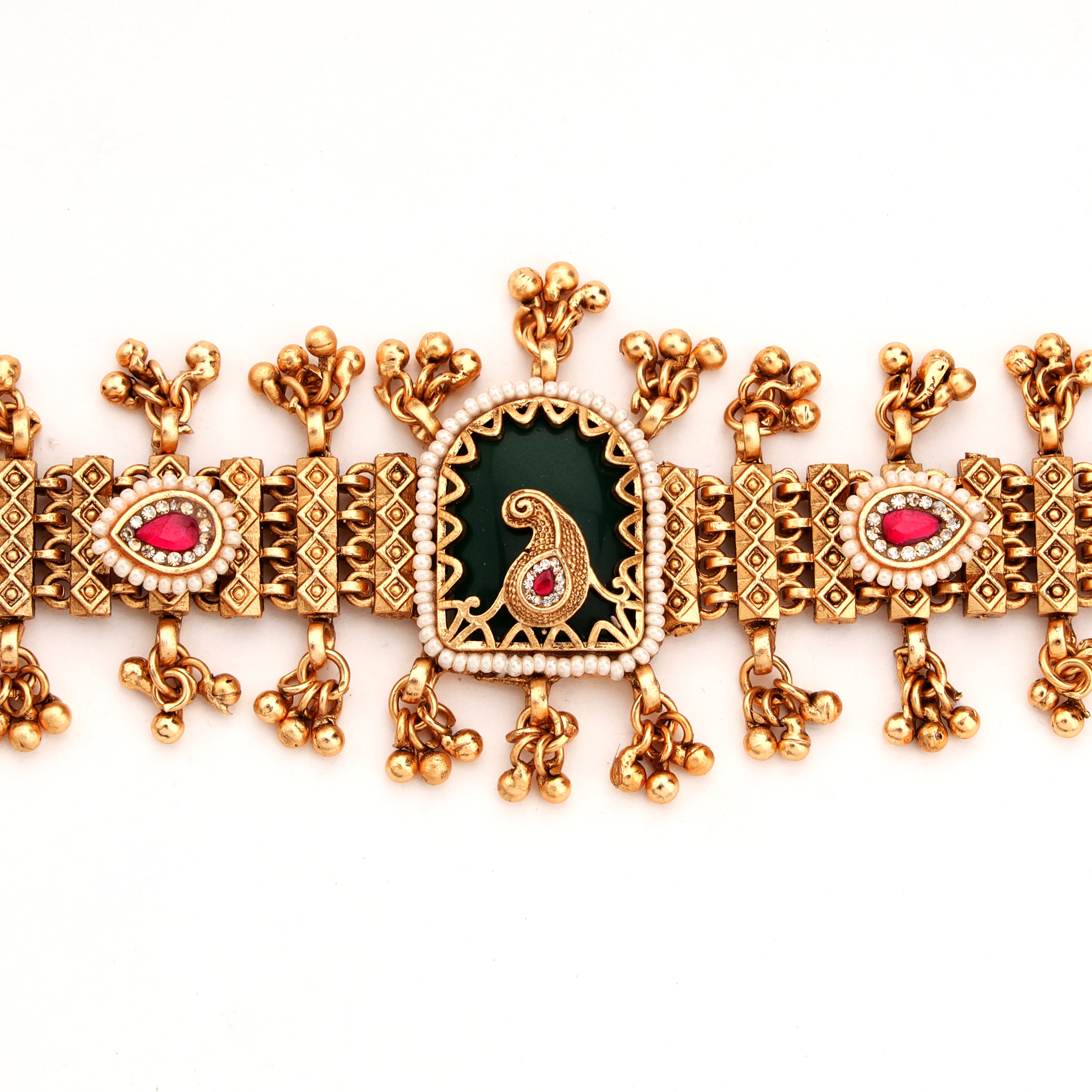 Antique Gold Paisley Jharokha Enamel Ghungroo Traditional Bracelet