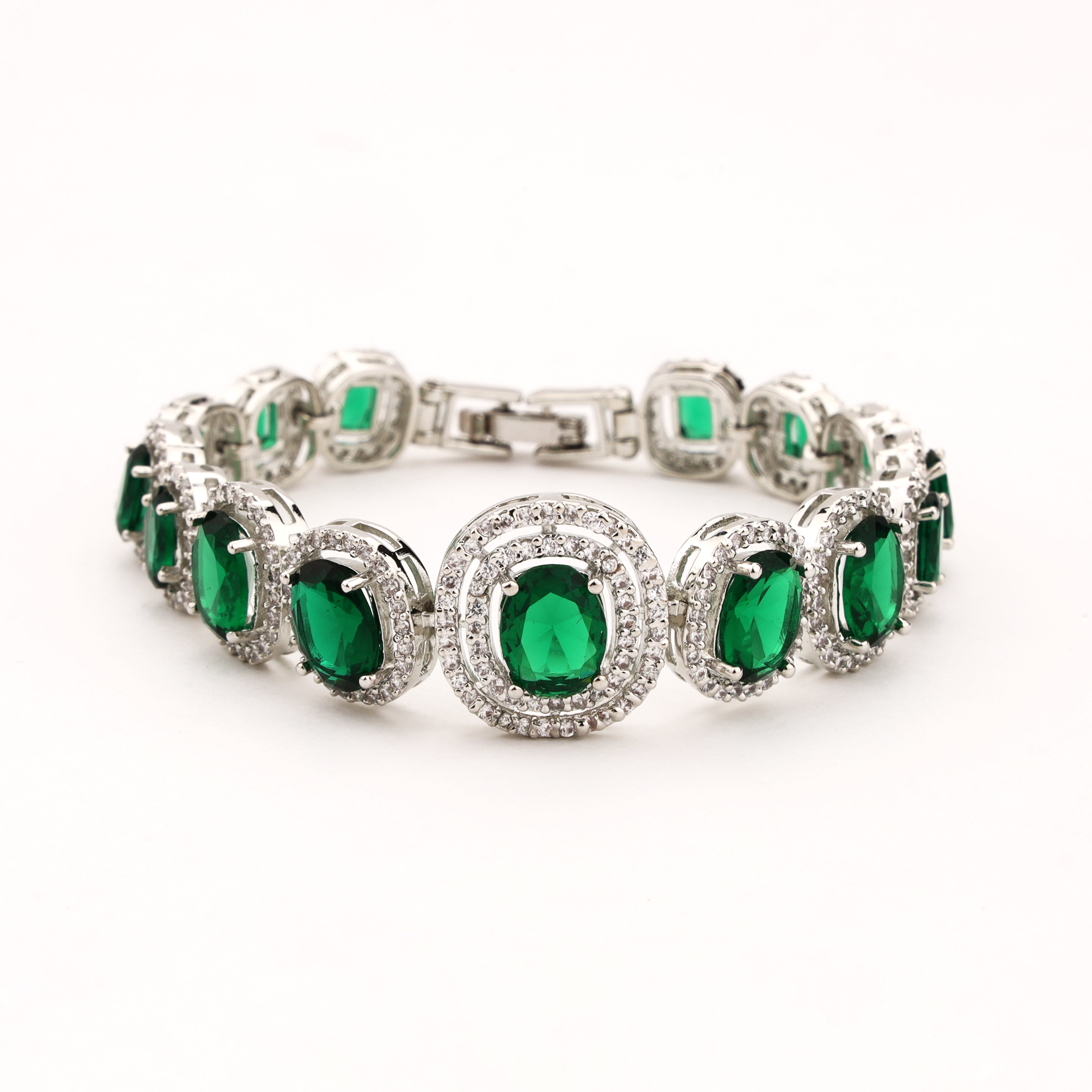 Emerald emerald green crystal bracelet with oval stones, sparkling double halo accents and silver-tone setting