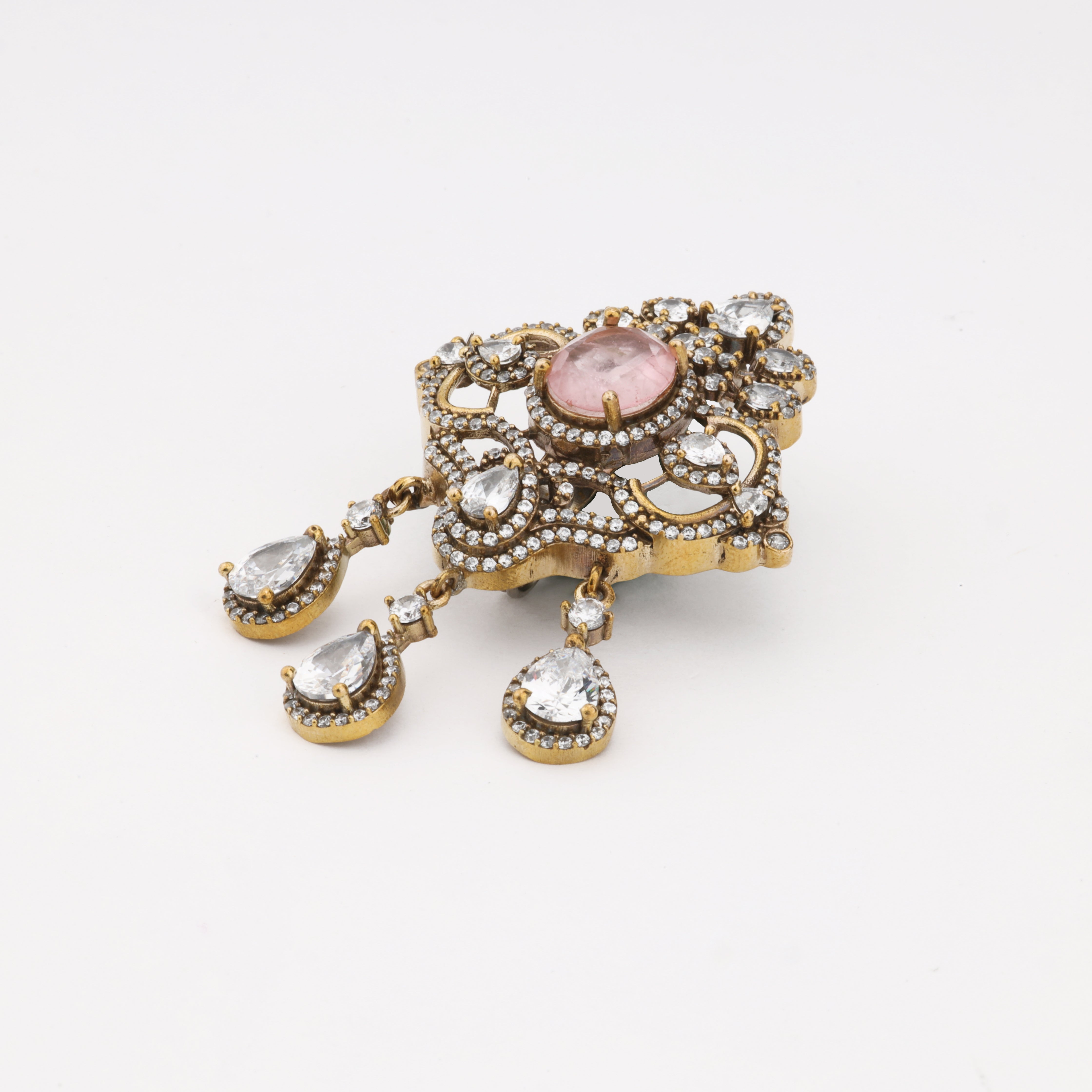 Vintage Pink Crystal Statement Brooch with Drop Charms