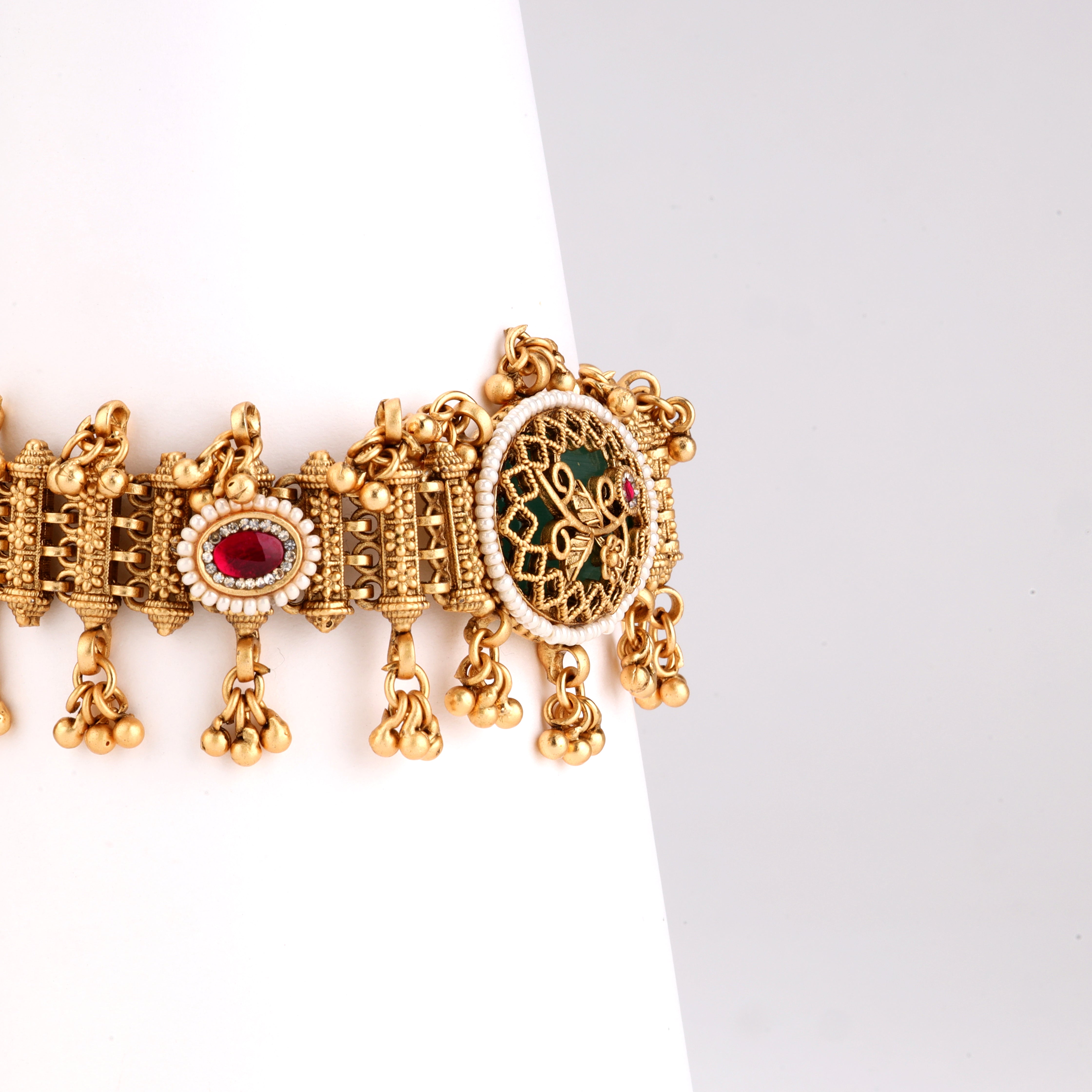 Antique Gold Floral Enamel Medallion Ghungroo Traditional Bracelet