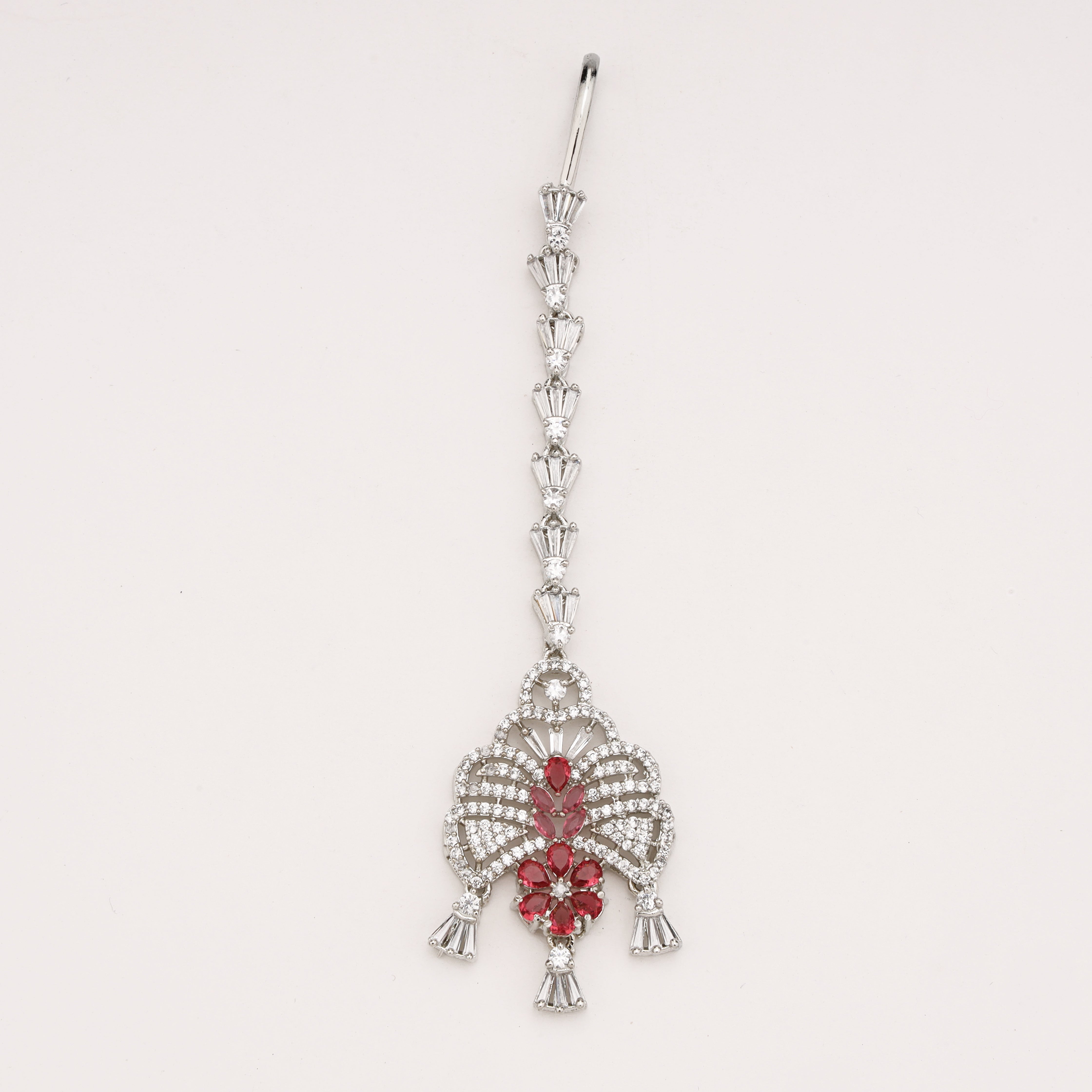 Silver Finish Ruby Red Stone American Diamond Bow Maang Tikka