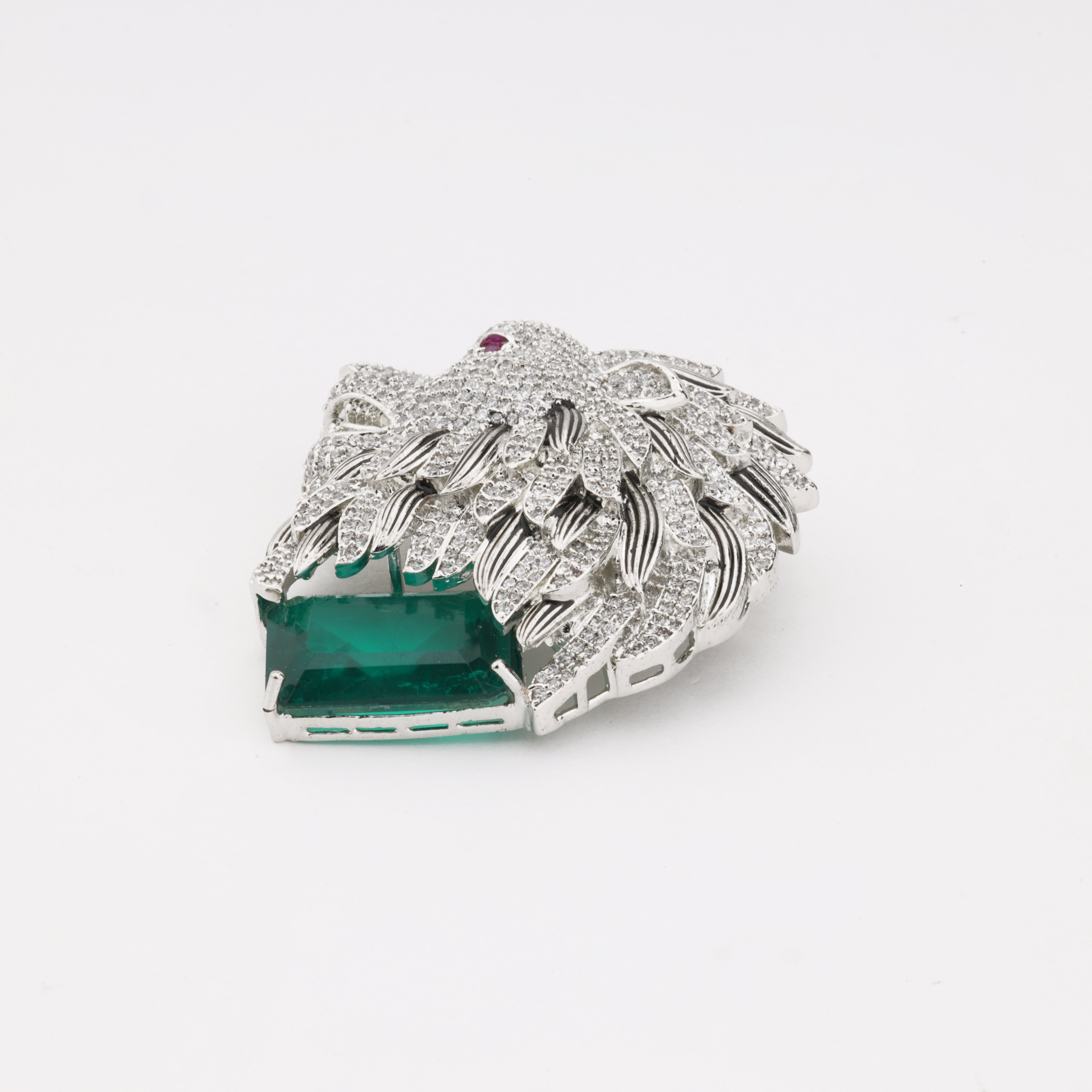 Royal Lion Head Crystal Statement Brooch | Silver Finish