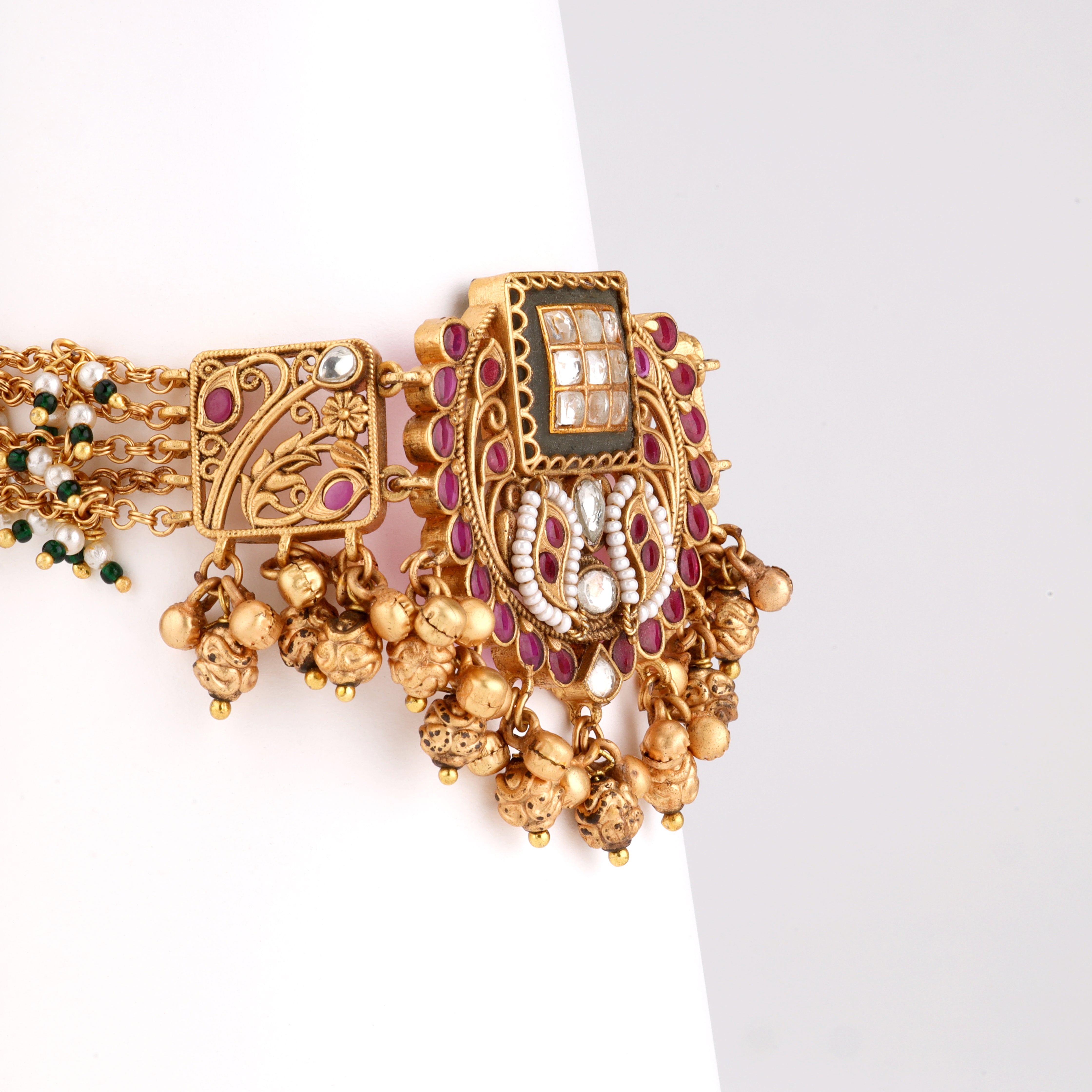Antique Gold Jadau Kundan Multi-Strand Ghungroo Choker Bracelet