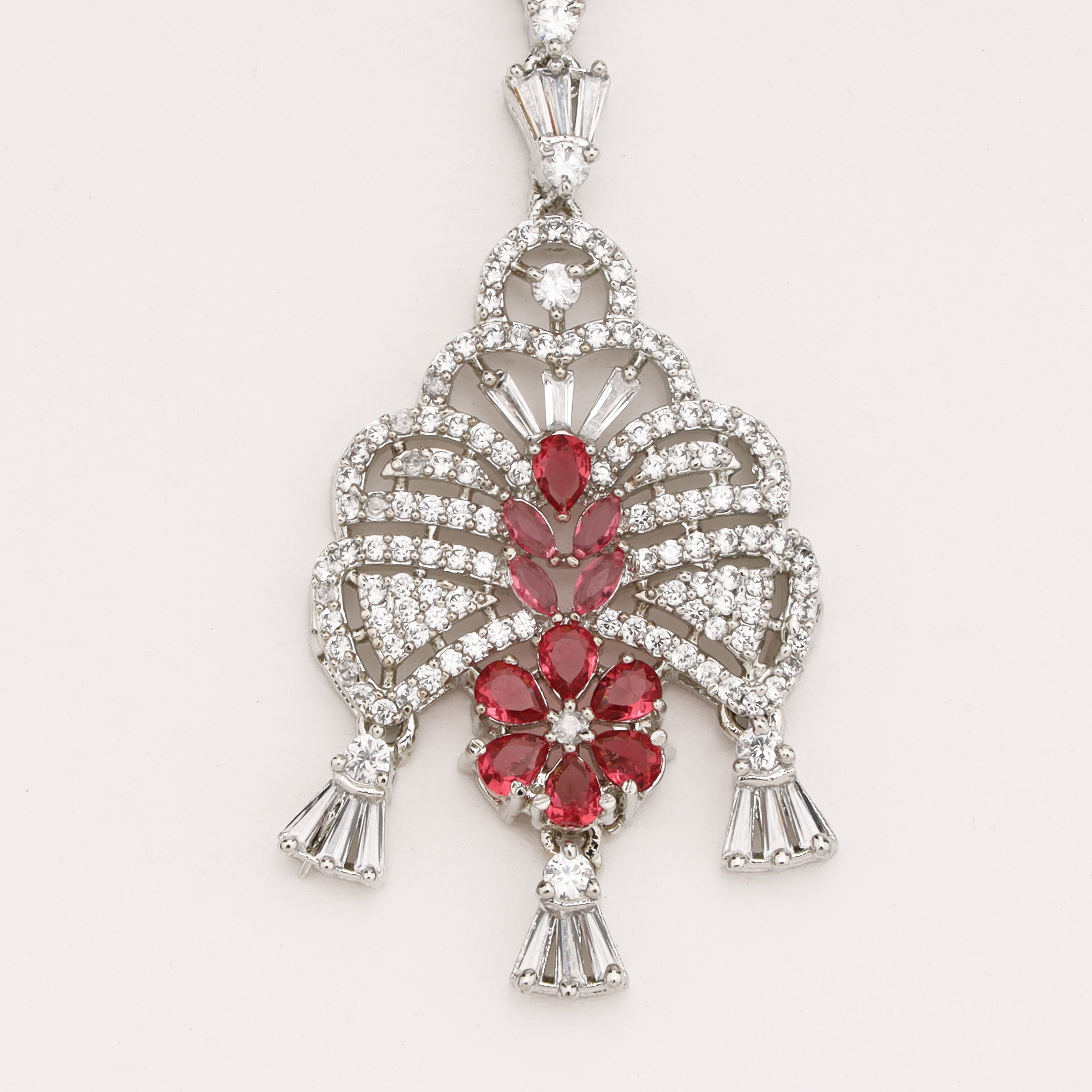 Silver Finish Ruby Red Stone American Diamond Bow Maang Tikka