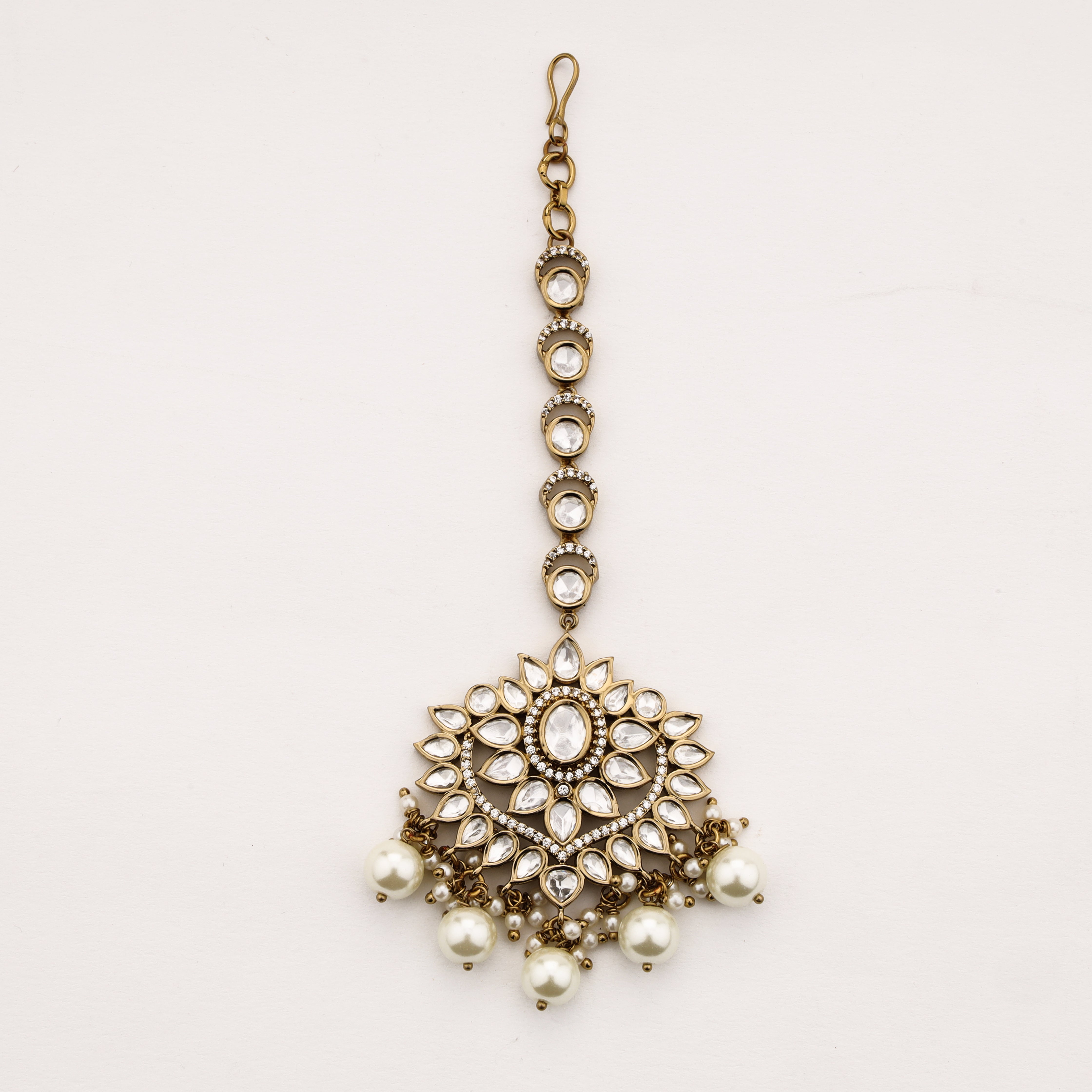 Pearl Radiance Maang Tika with crystal floral design and pearl drop tassels by US Catalog