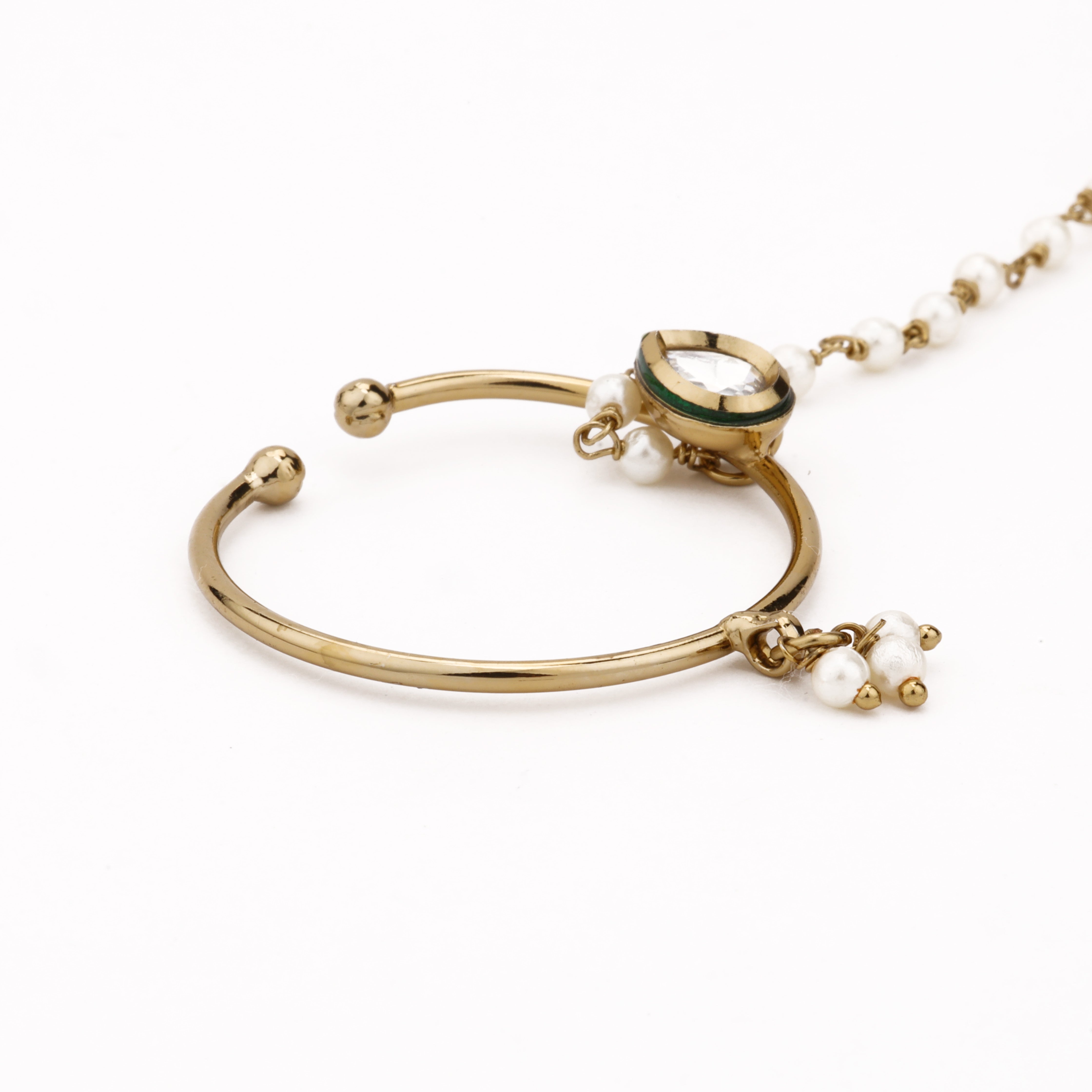 Antique gold Naira teardrop pearl nath with large hoop, white stone accent and attached beaded chain from US Catalog