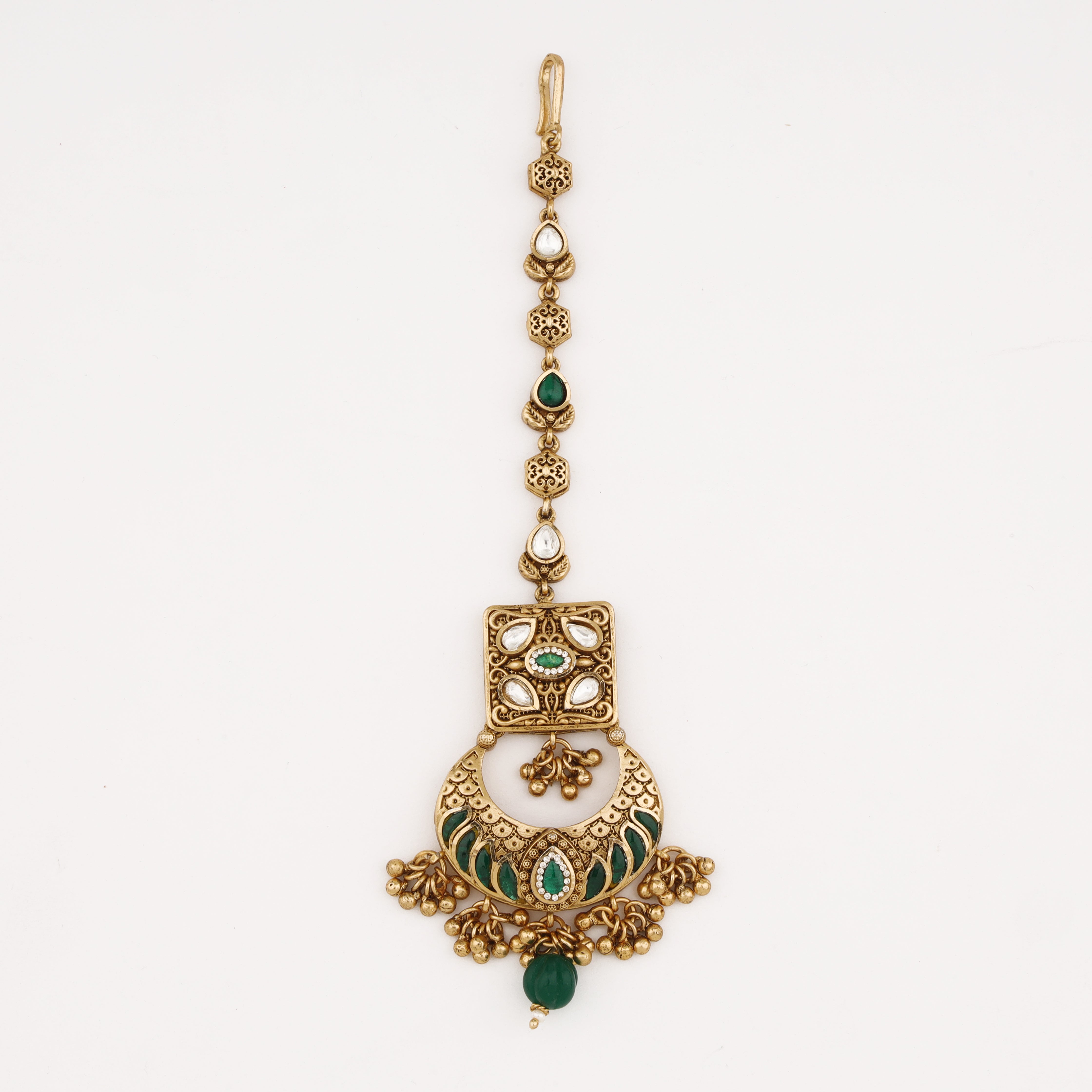 Emerald Crescent Heritage Maang Tika with antique gold finish and green stone detailing by US Catalog