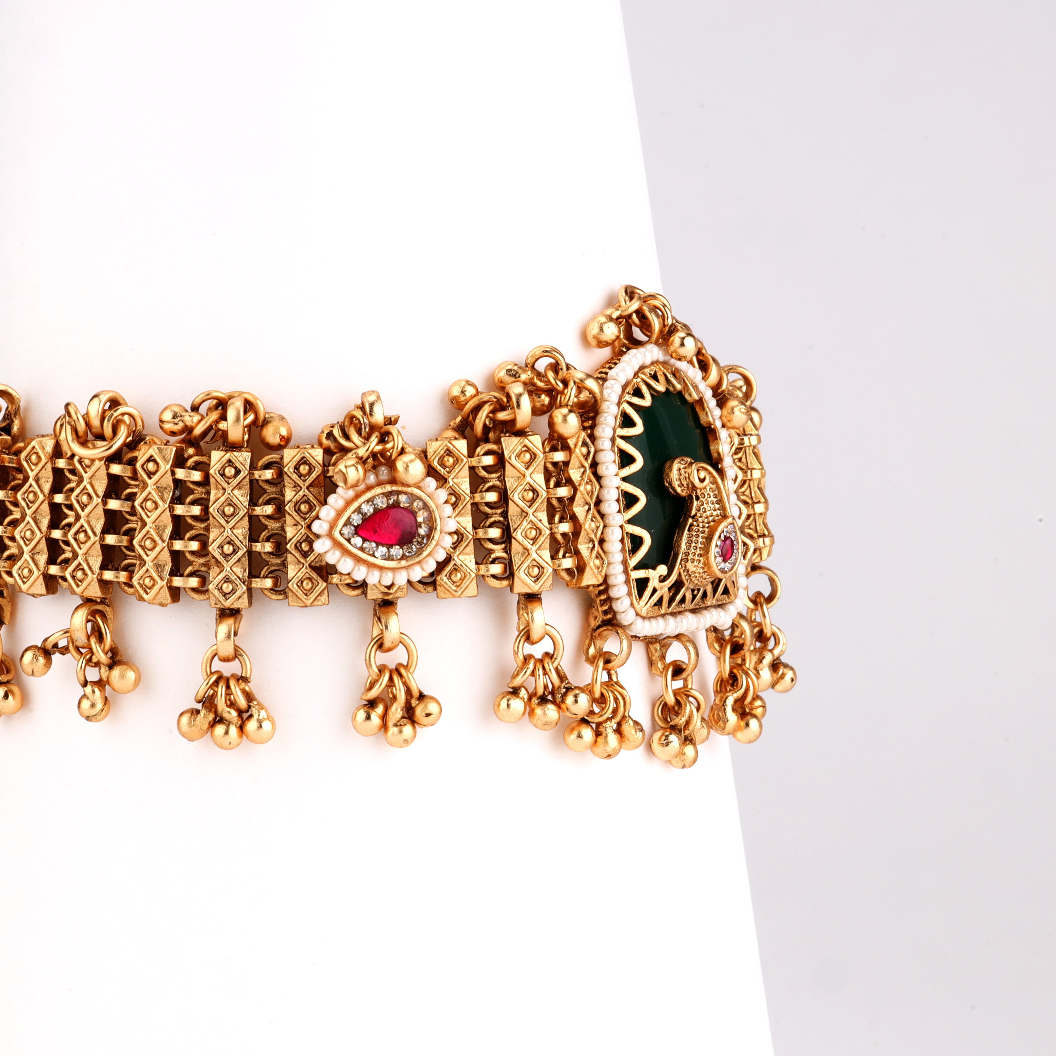 Antique Gold Paisley Jharokha Enamel Ghungroo Traditional Bracelet