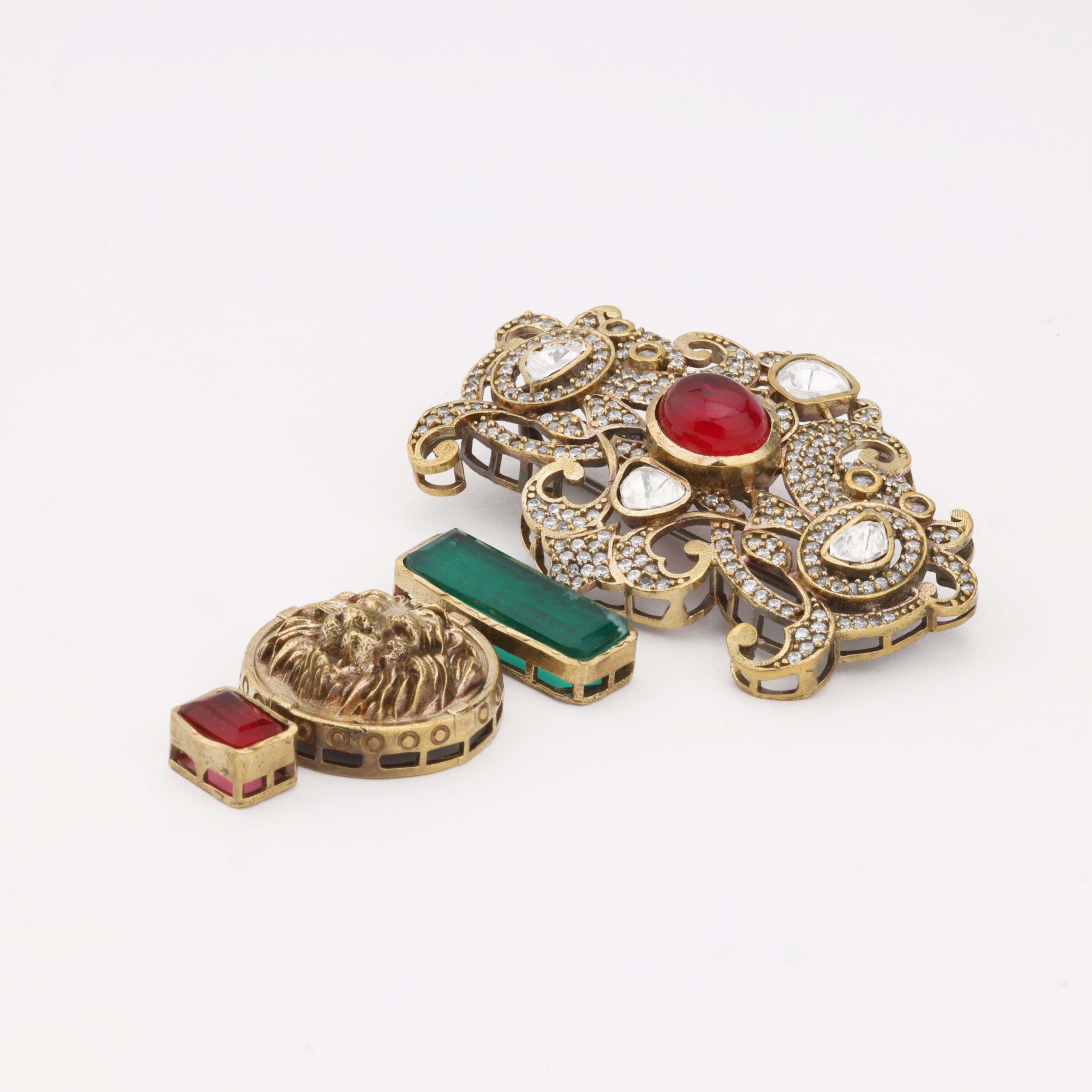 Royal Lion Crest Crystal Statement Brooch | Antique Gold Finish