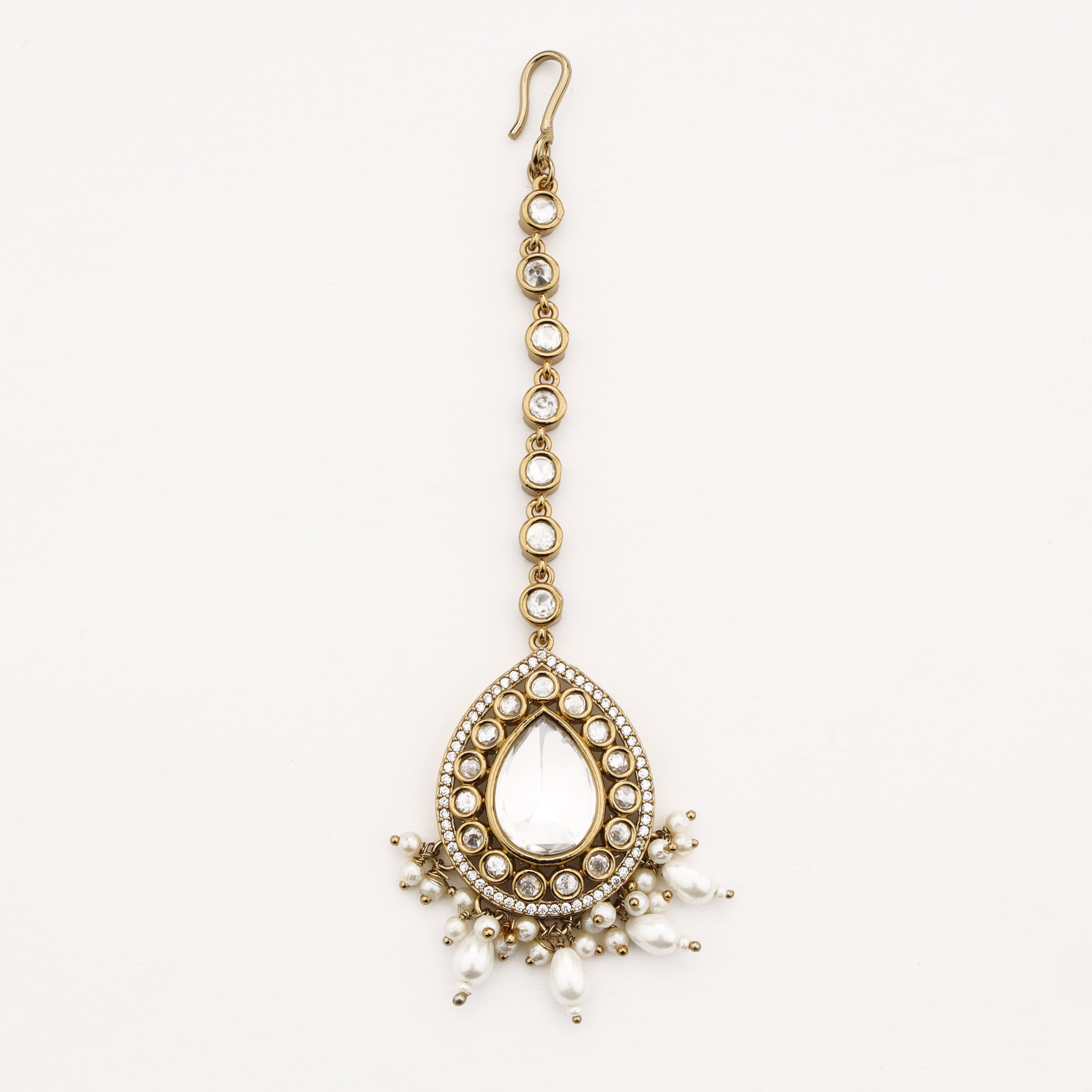 Pearl Teardrop Crystal Maang Tika with crystal halo design and pearl tassels by US Catalog