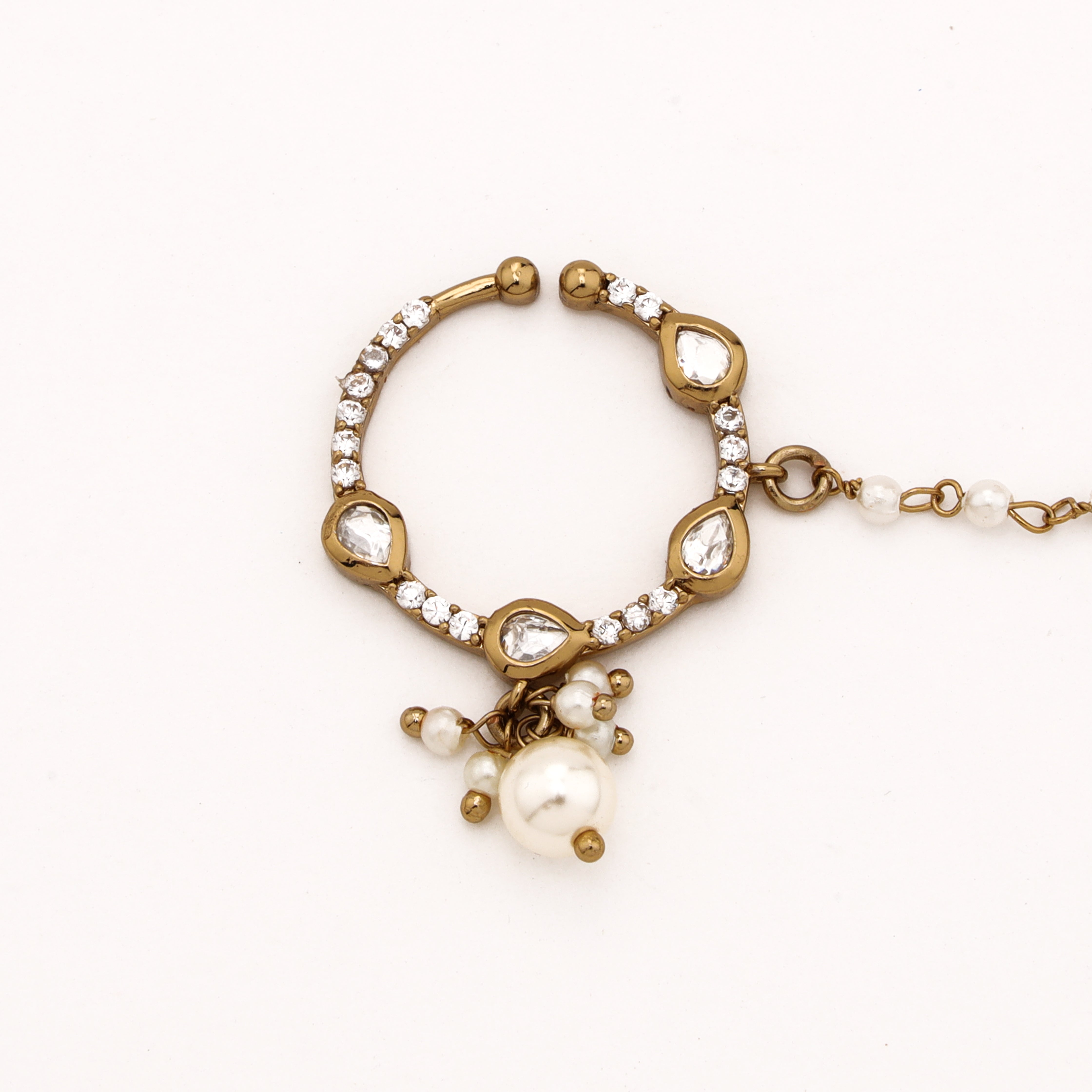 Antique gold Tavisha teardrop polki pearl nath with four white stones, pearl drop and attached beaded chain from US Catalog