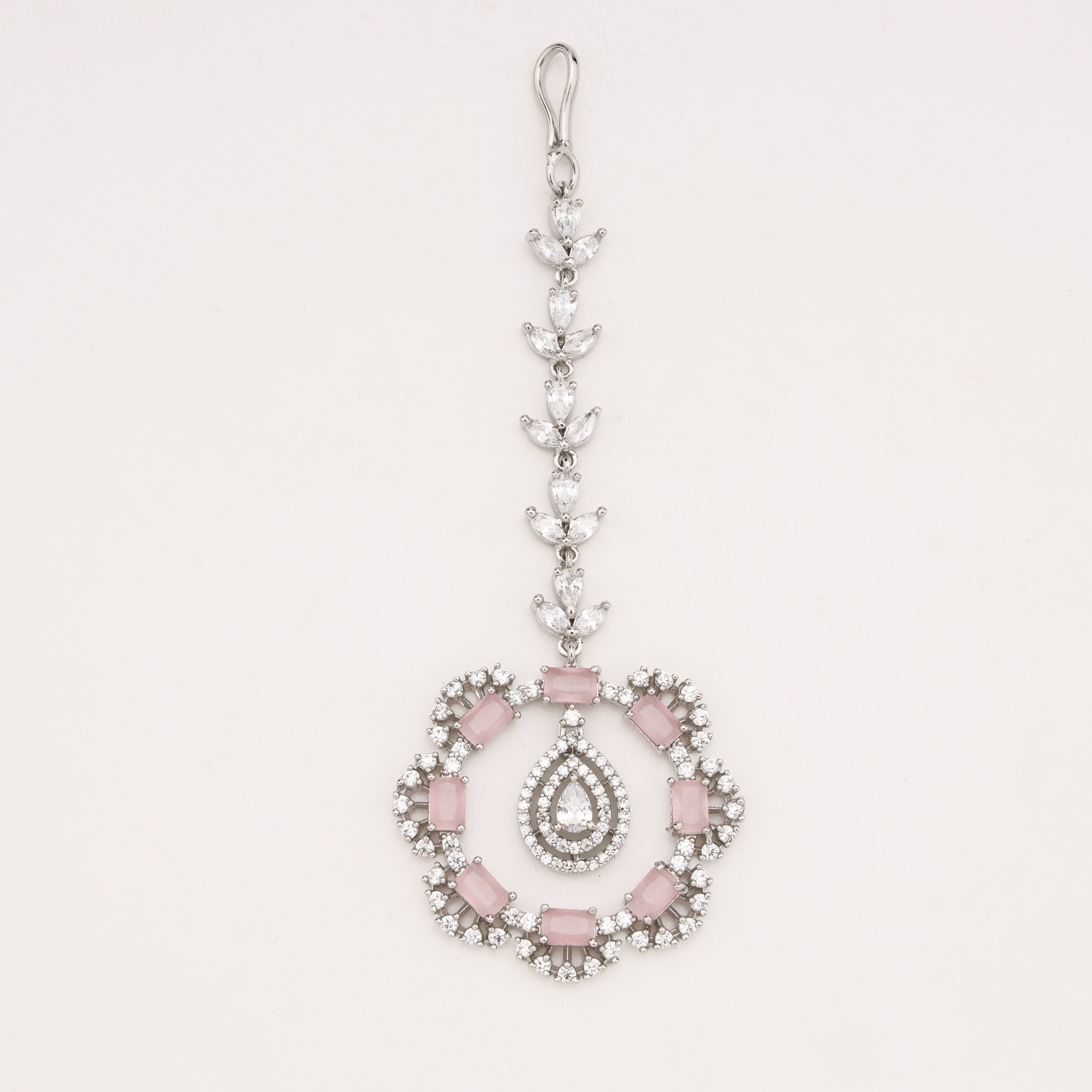 Silver Finish Baby Pink Stone Floral Ring American Diamond Maang Tikka
