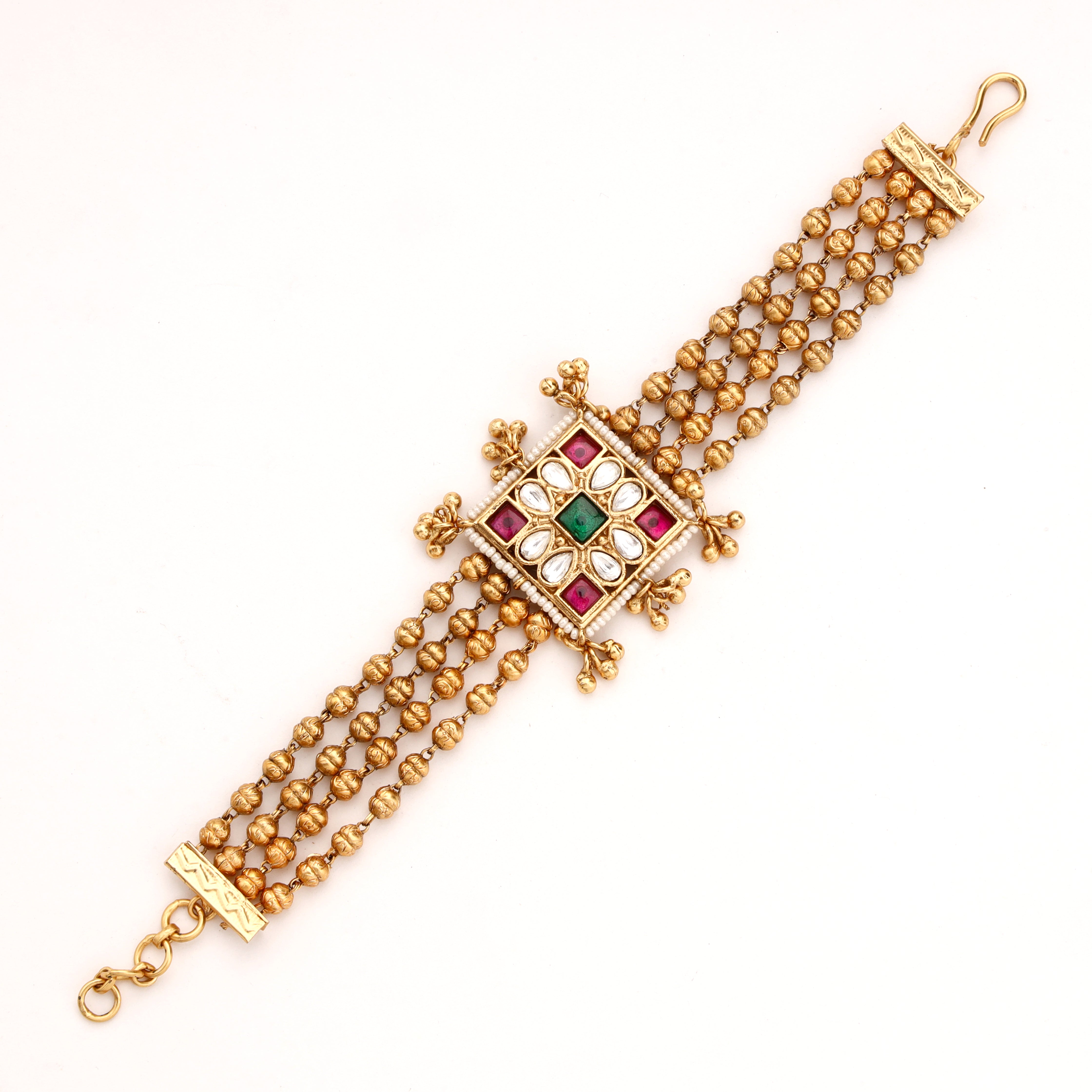 Antique Gold Kundan Navratna Square Medallion Beaded Traditional Bracelet