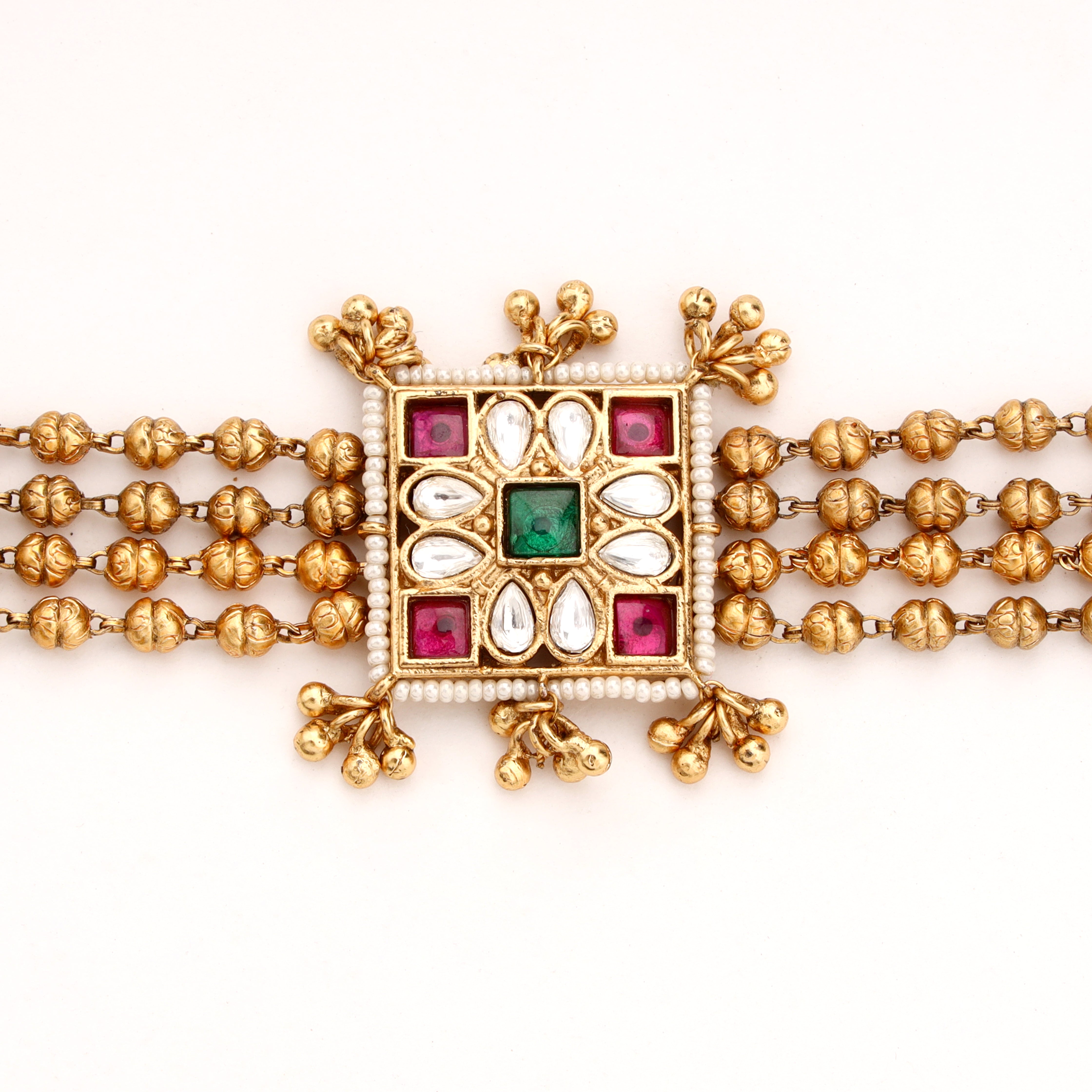 Antique Gold Kundan Navratna Square Medallion Beaded Traditional Bracelet