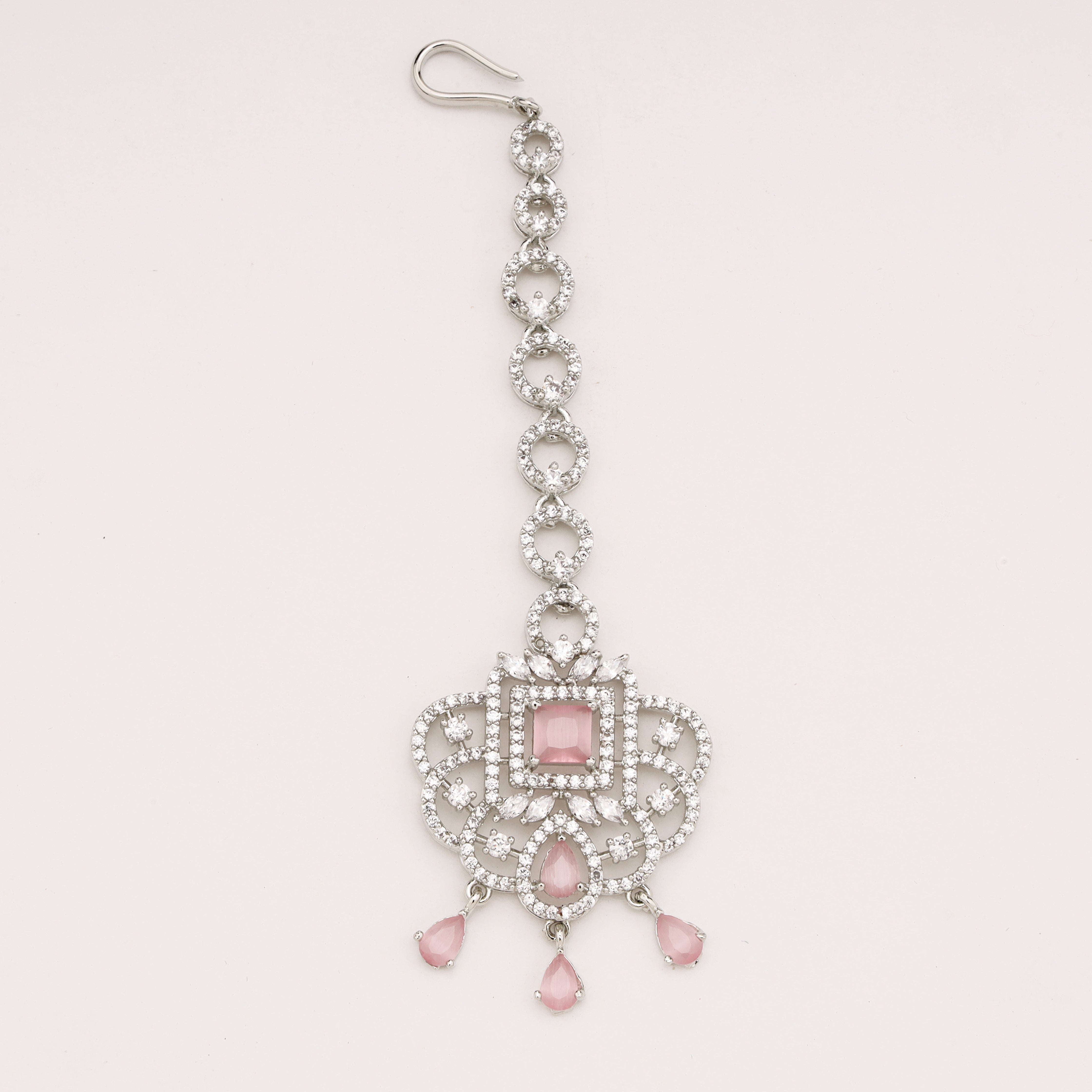 Silver Finish Baby Pink Stone Square American Diamond Maang Tikka