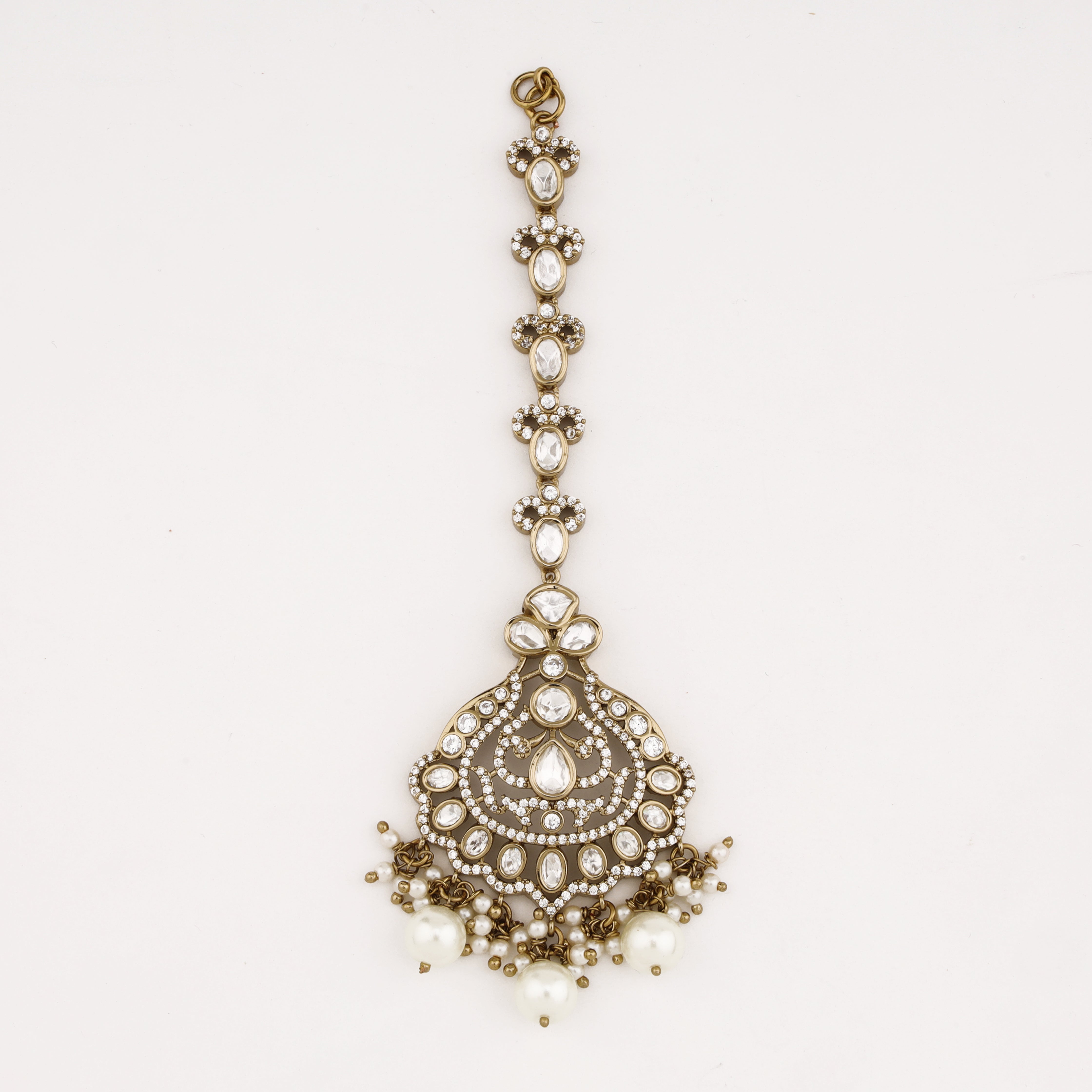 Pearl Bloom Crystal Maang Tika with crystal stones and pearl drops by US Catalog