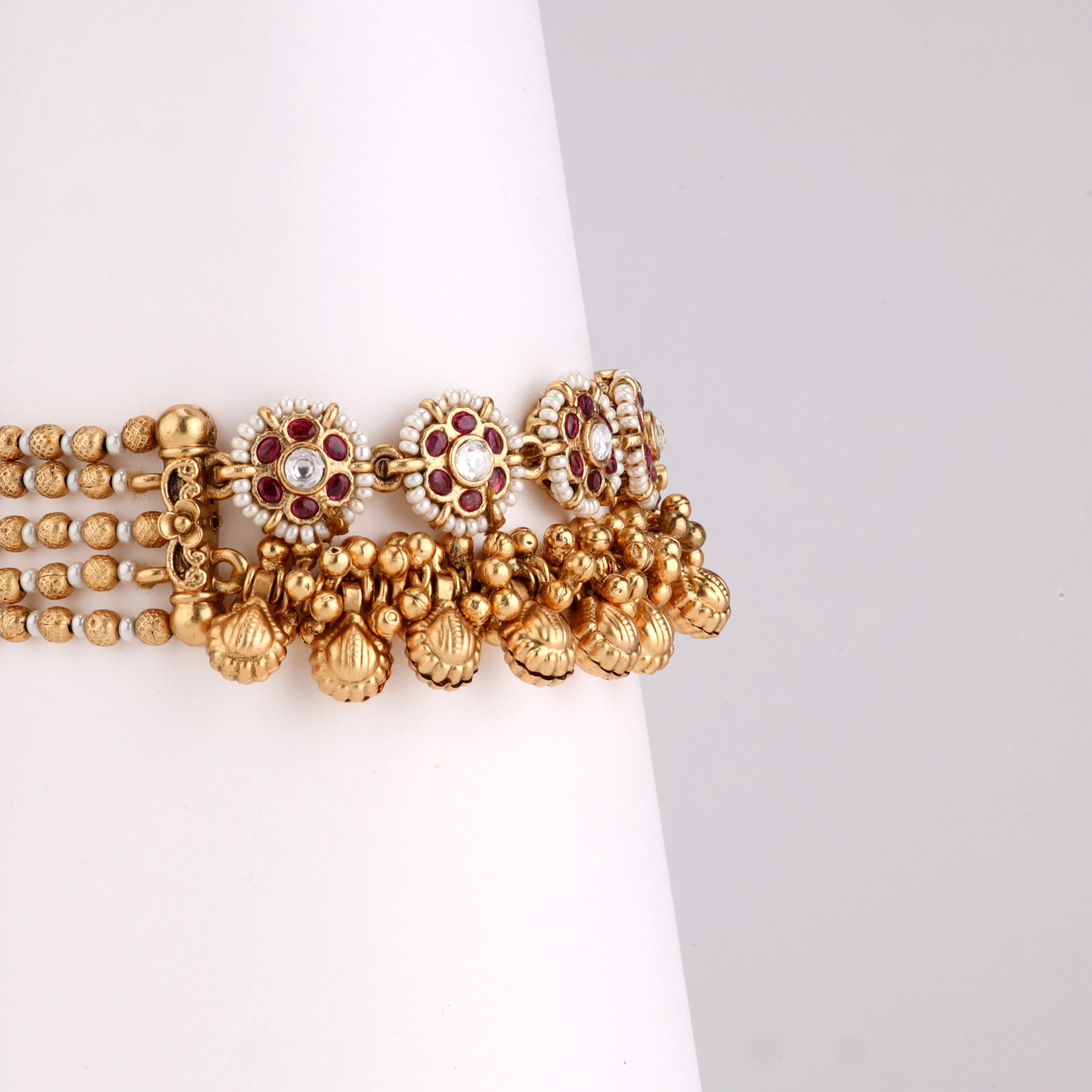 Antique Gold Floral Kundan Pearl Cluster Ghungroo Traditional Bracelet