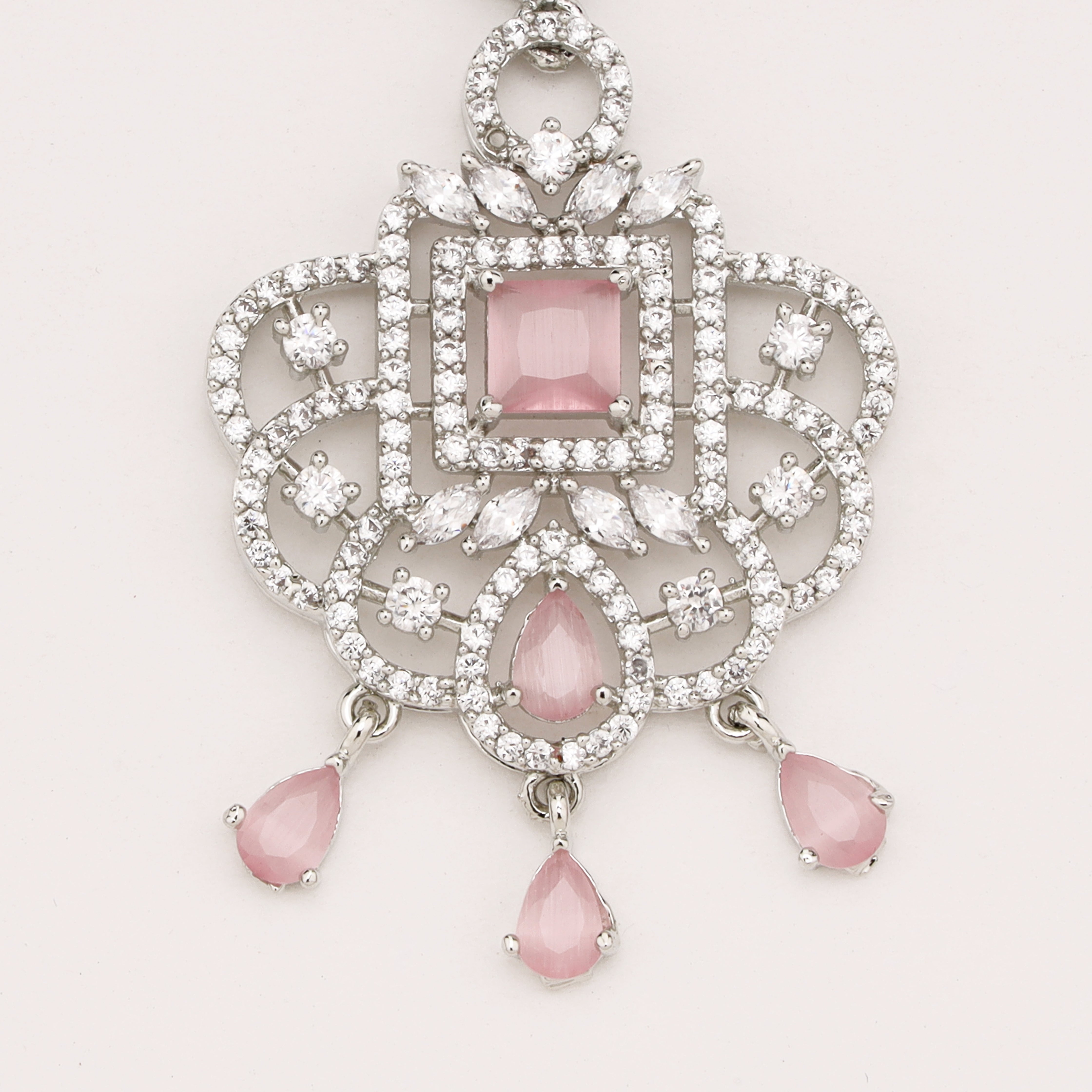 Silver Finish Baby Pink Stone Square American Diamond Maang Tikka