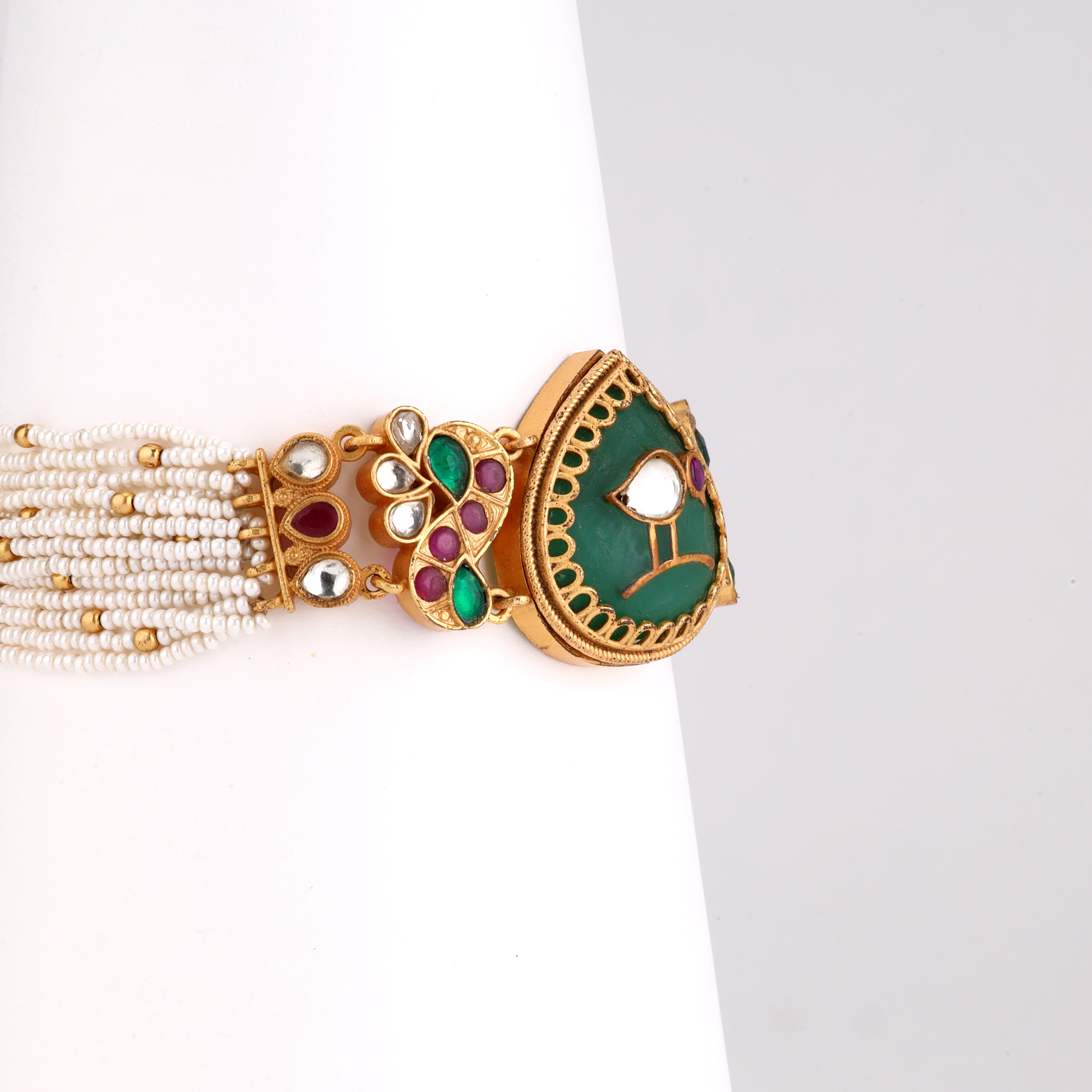 Antique Gold Avian Bird Motif Enamel Stone Multi-Strand Pearl Traditional Bracelet