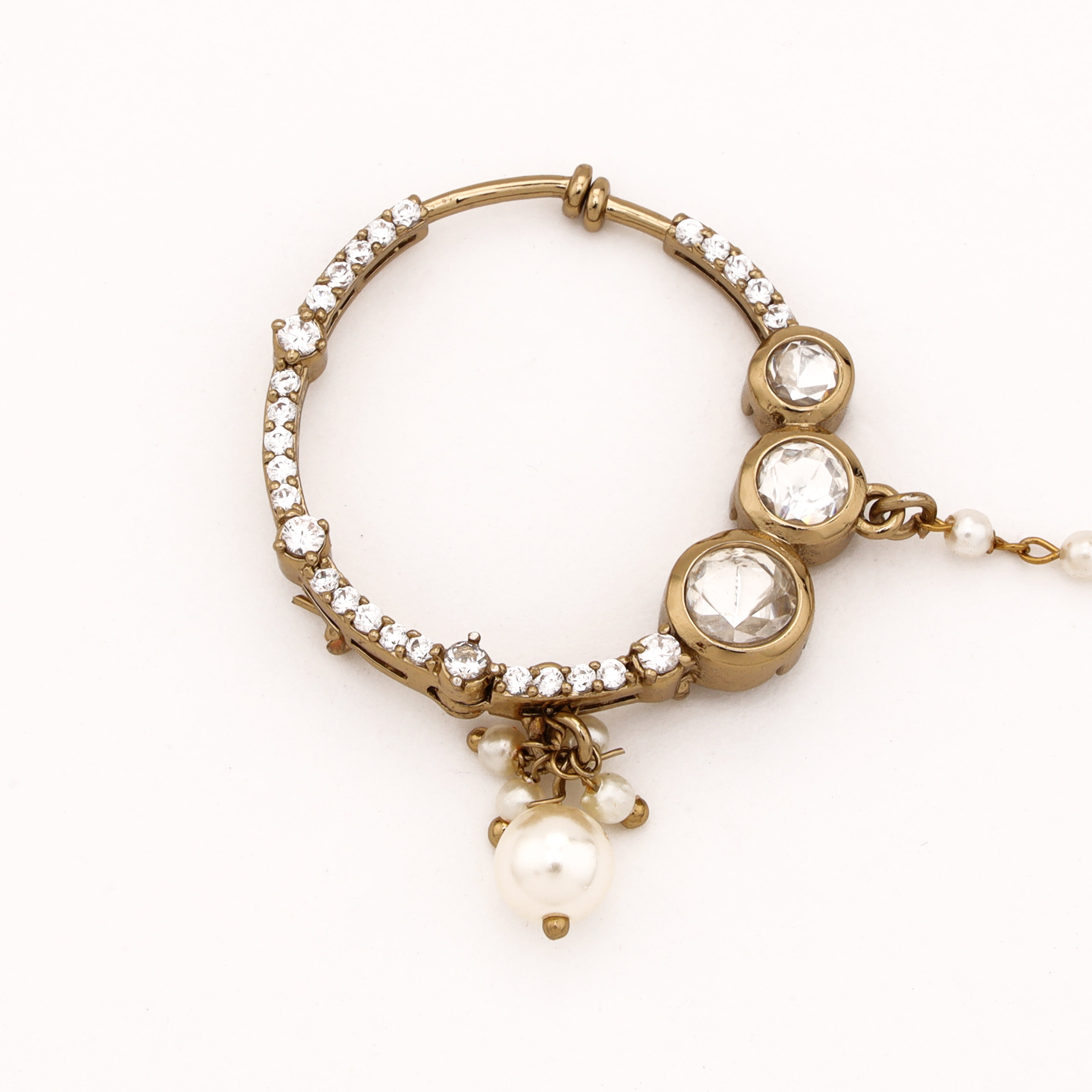 Antique gold Prisha triple polki pearl nath with three round white stones, crystal hoop and attached beaded chain from US Catalog