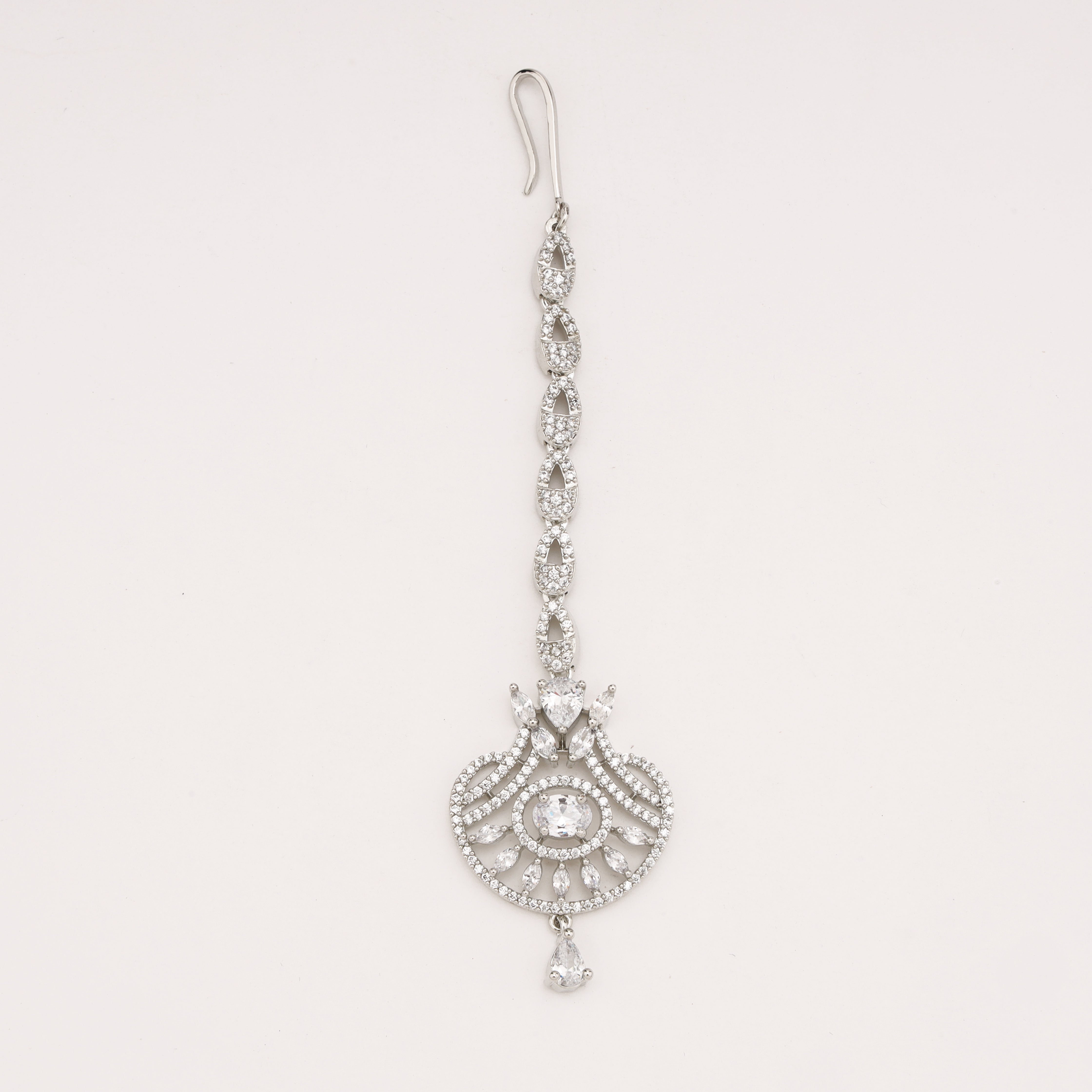 Silver Finish American Diamond Oval Solitaire Chand Maang Tikka