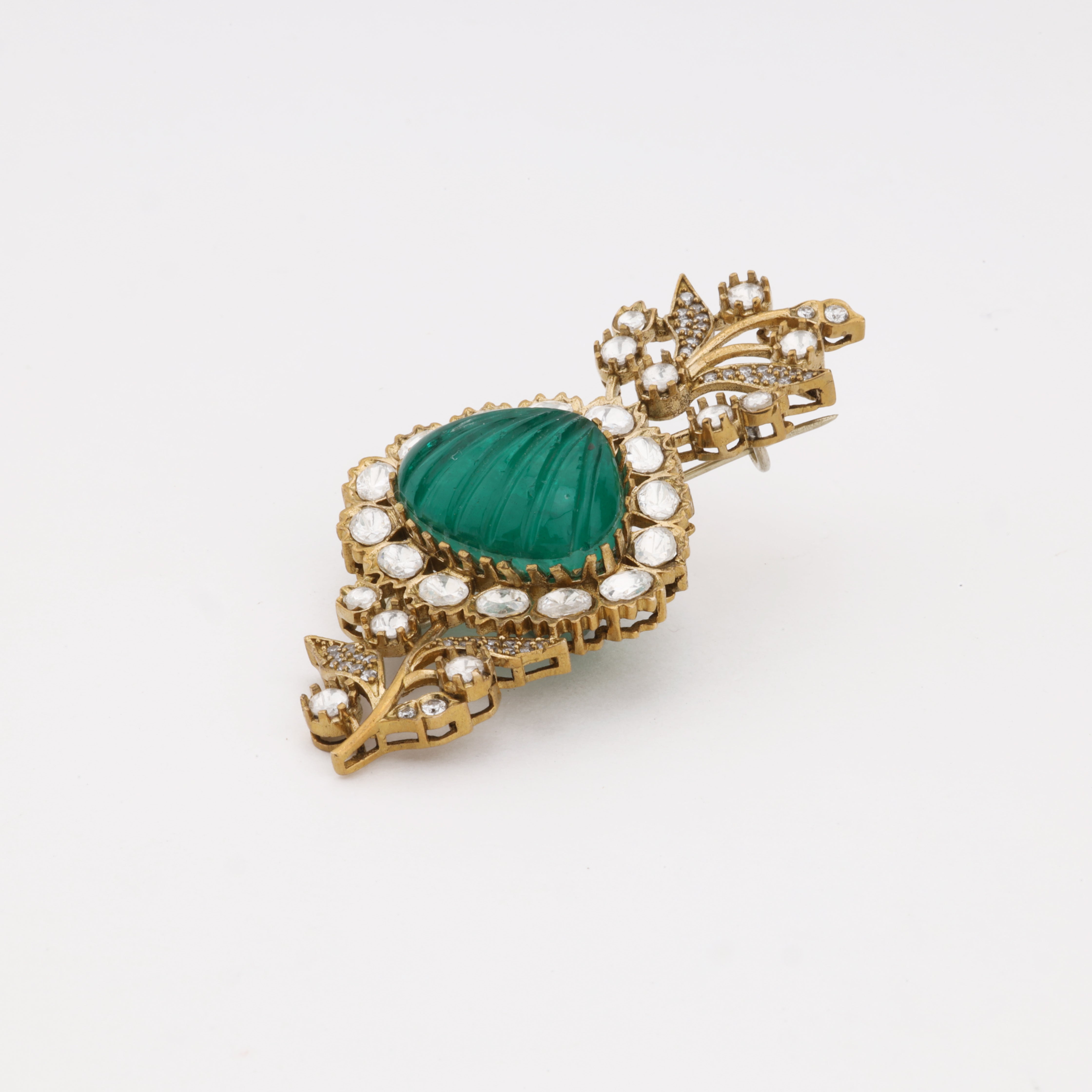 Emerald Blossom Elegance Crystal Floral Brooch – Antique Gold Finish