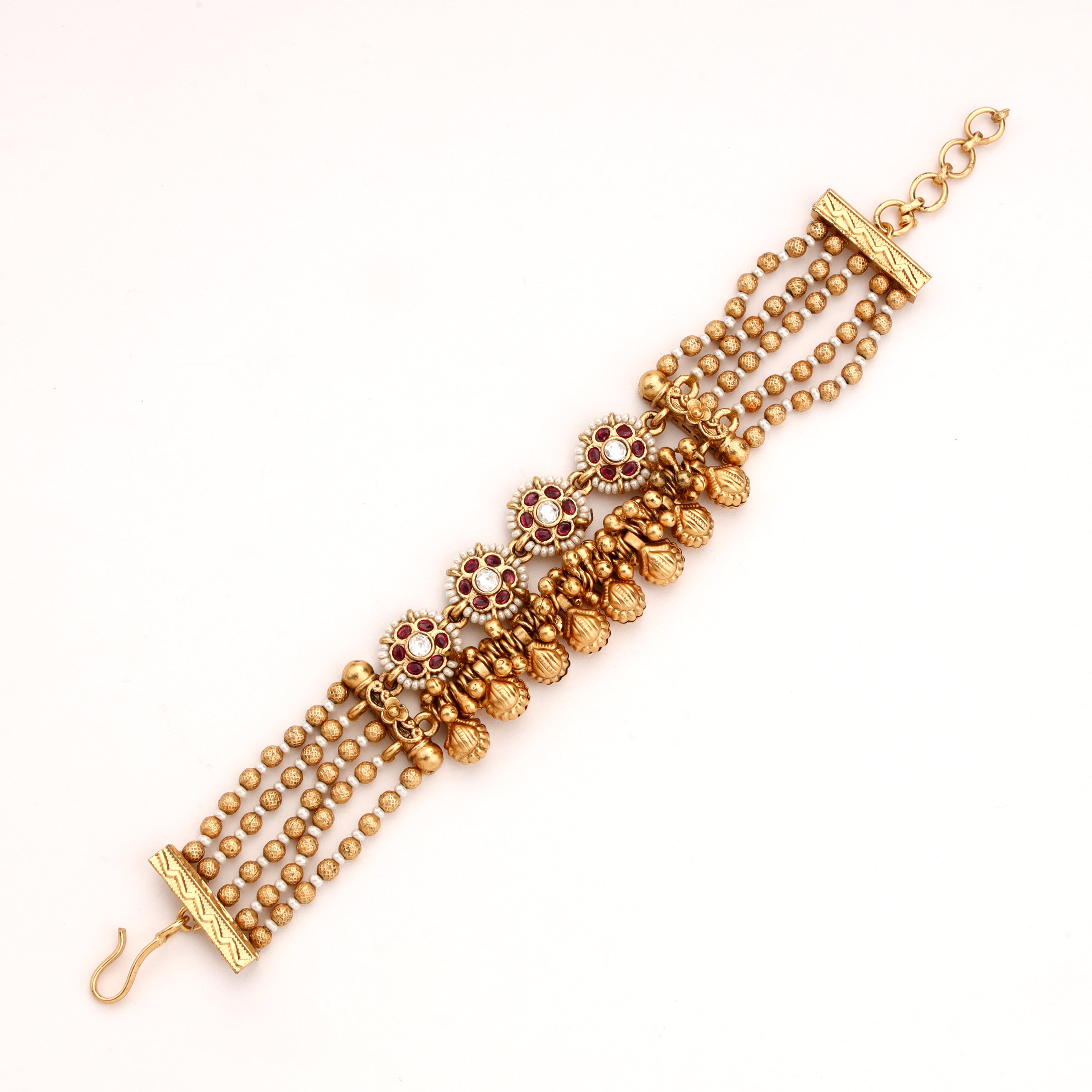 Antique Gold Floral Kundan Pearl Cluster Ghungroo Traditional Bracelet