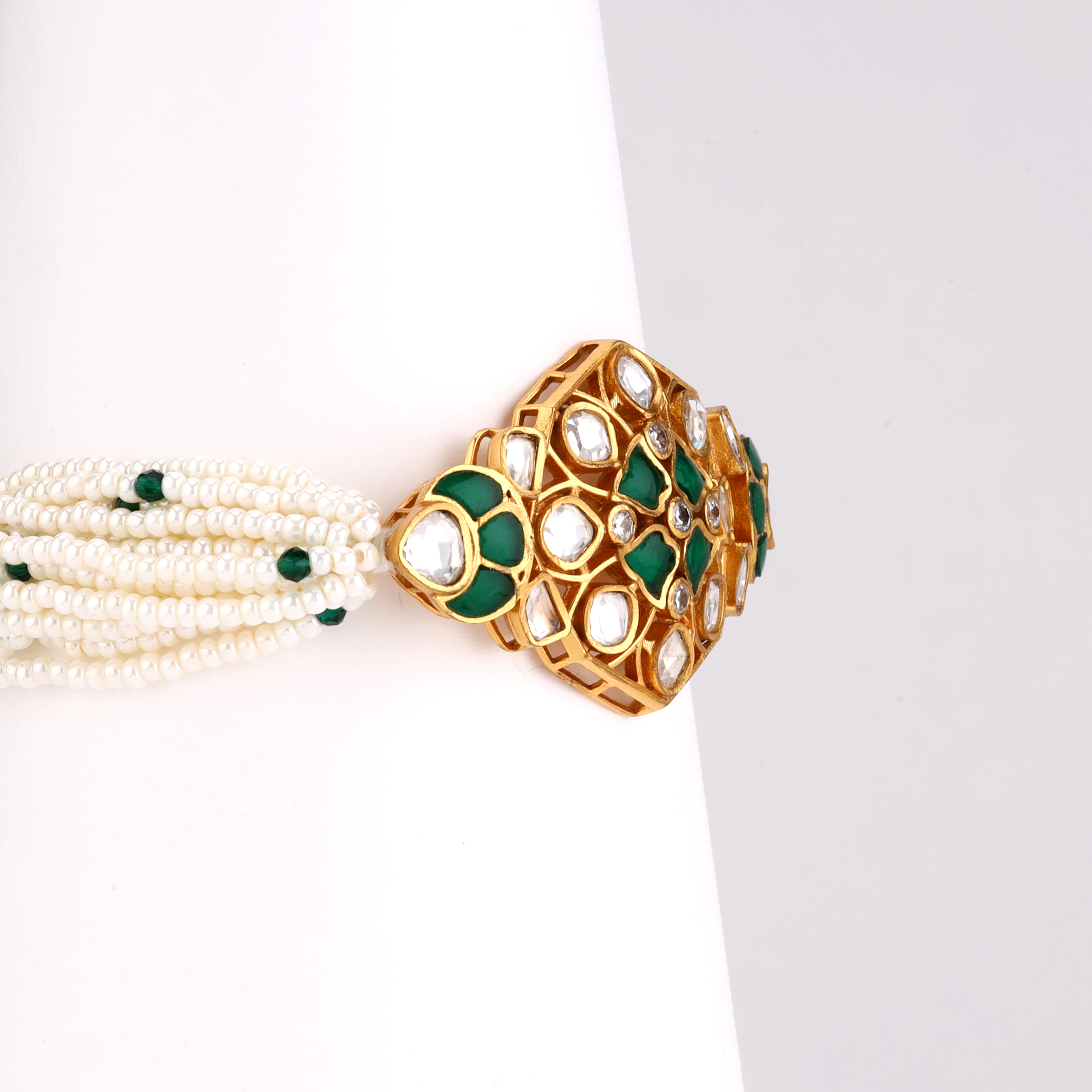 Antique Gold Kundan Enamel Hexagonal Medallion Multi-Strand Pearl Traditional Bracelet